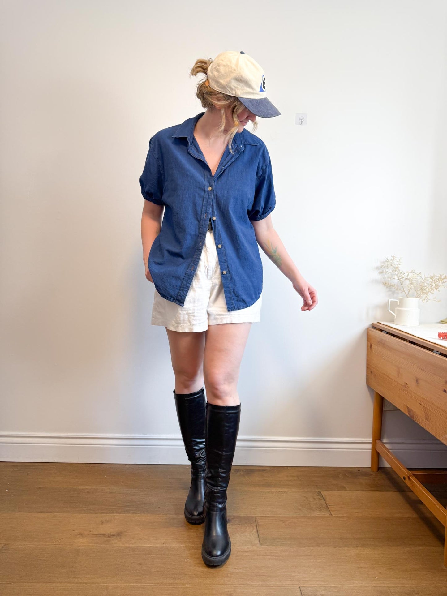 Denim Forum "The Jane Shirt" in Blue with Contrast Stitching (Size M)