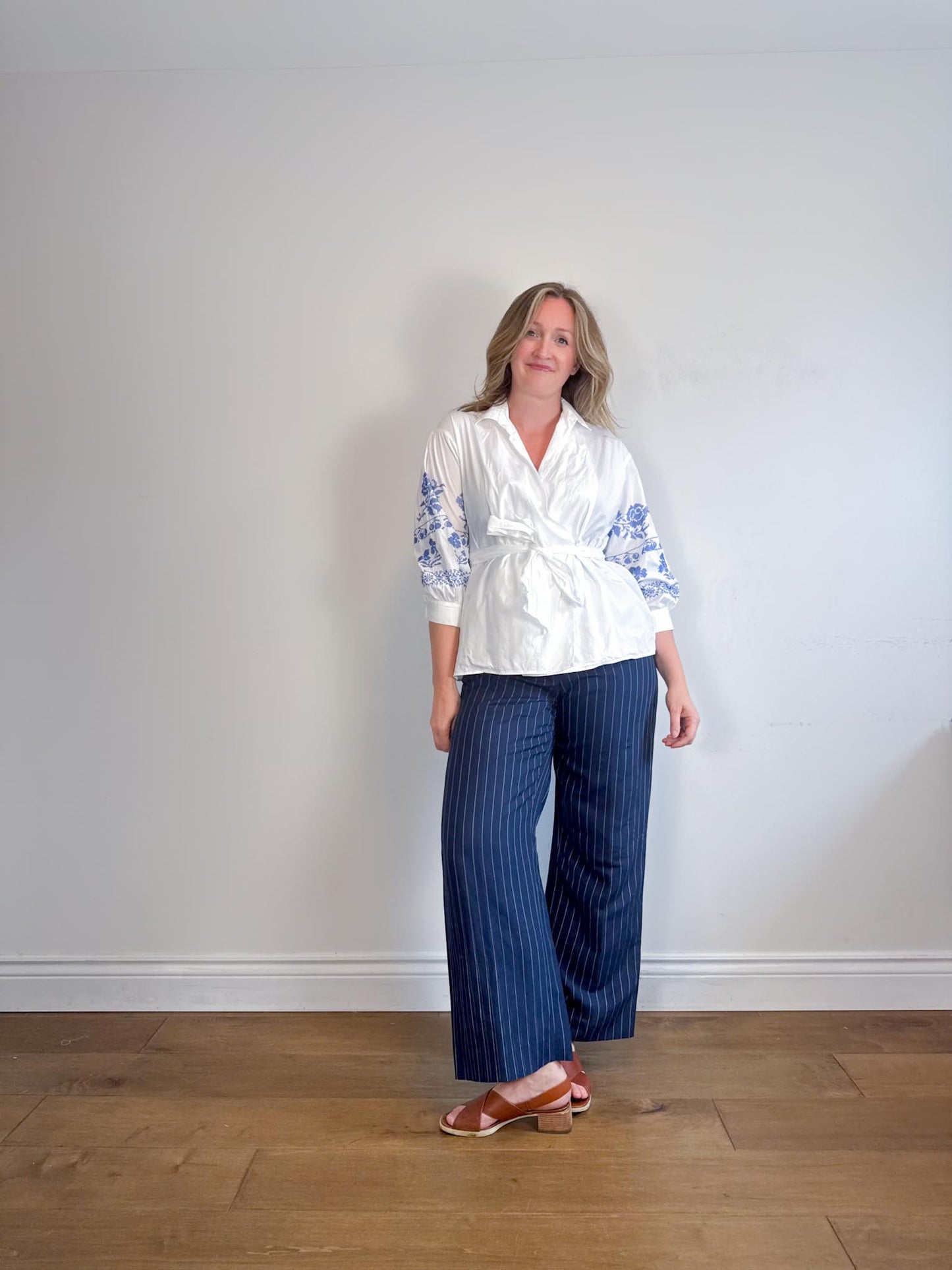 Weekend Max Mara"Embroidered Wrap Blouse in White/Blue" (Size L)