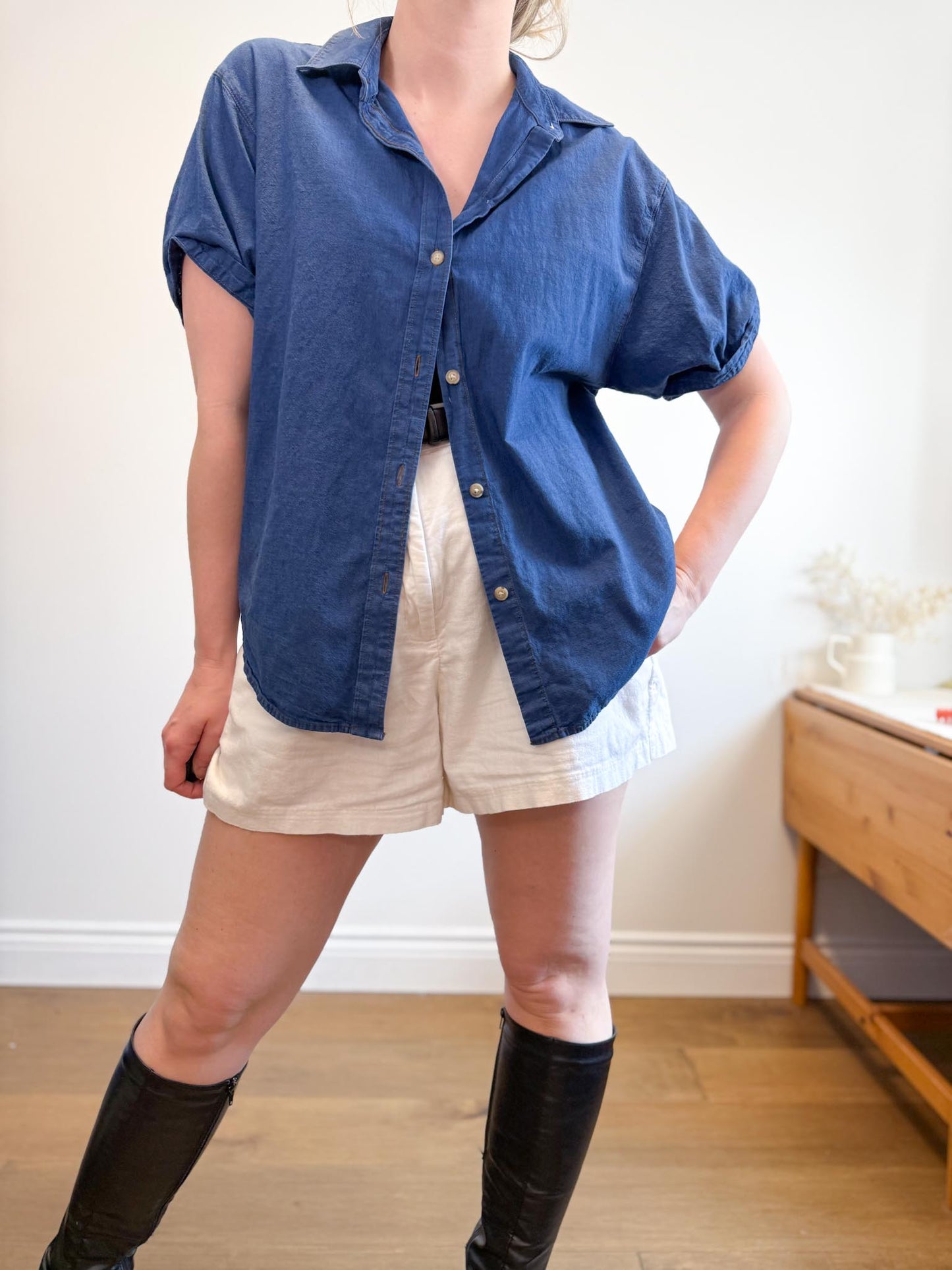 Denim Forum "The Jane Shirt" in Blue with Contrast Stitching (Size M)