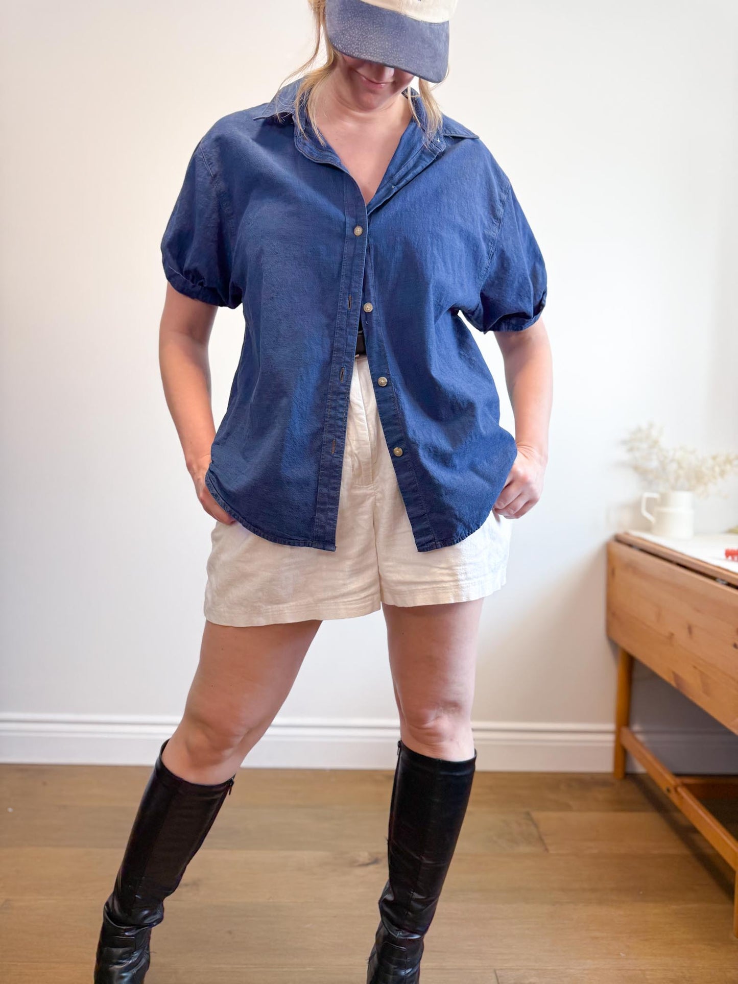 Denim Forum "The Jane Shirt" in Blue with Contrast Stitching (Size M)