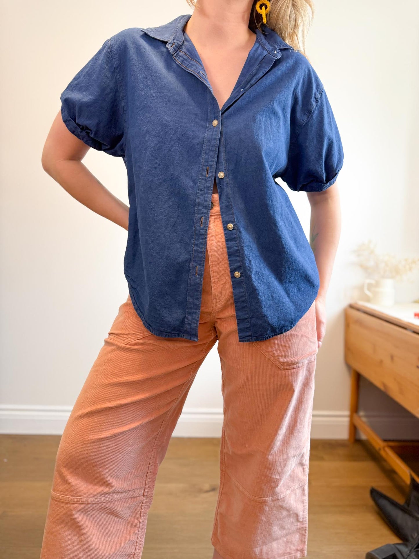 Denim Forum "The Jane Shirt" in Blue with Contrast Stitching (Size M)
