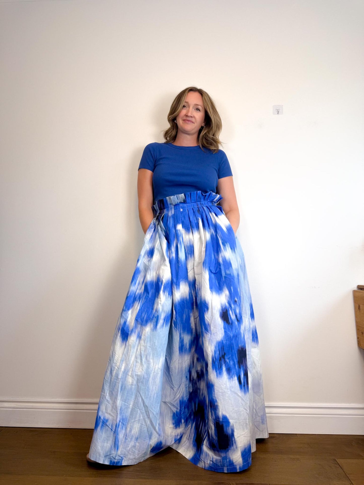 Carolina Herrera Designer "Maxi A-Line Women's Silk/Cotton Skirt in Blue/White Tie Dye" NWT (Size 12)