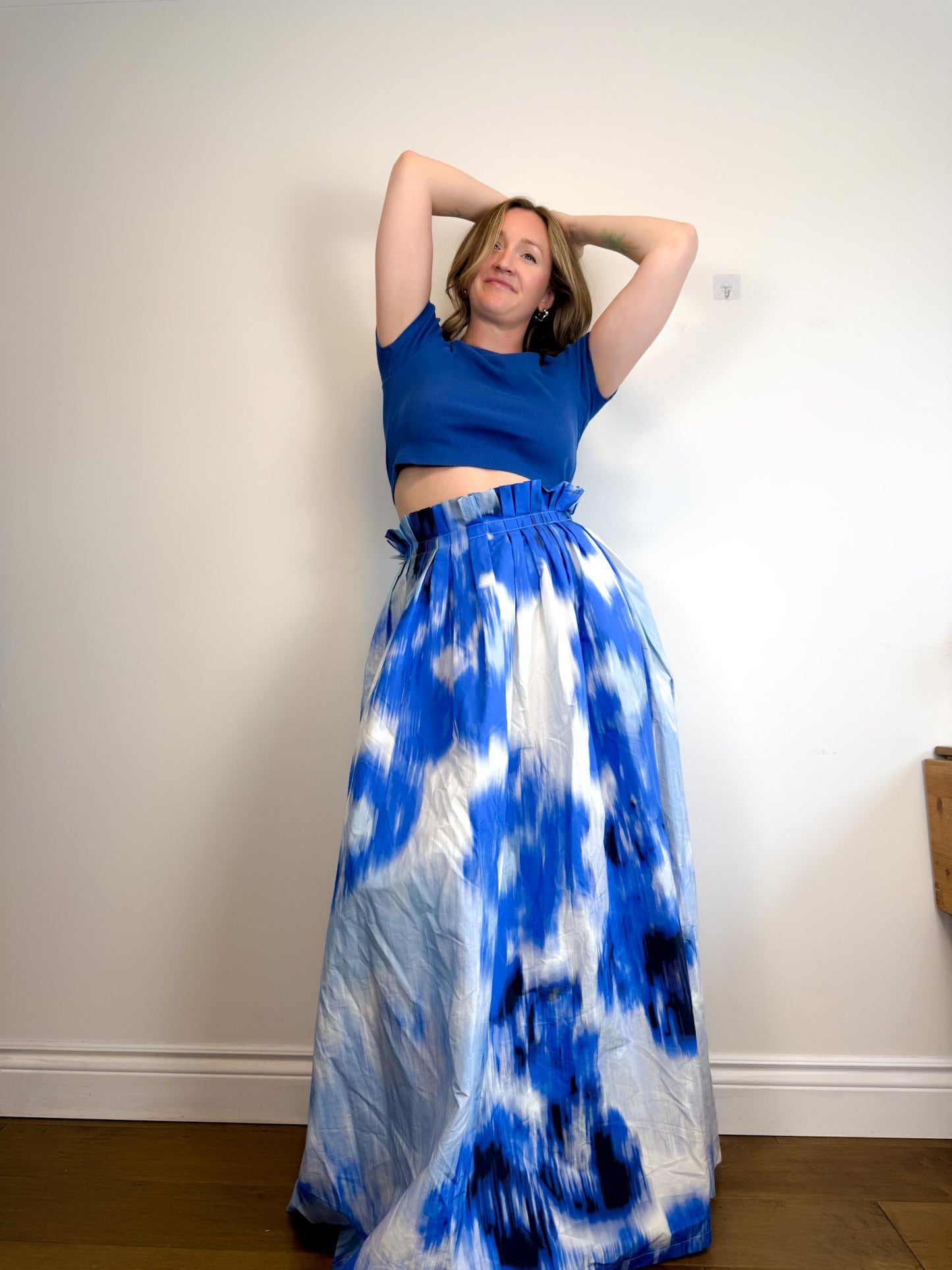Carolina Herrera Designer "Maxi A-Line Women's Silk/Cotton Skirt in Blue/White Tie Dye" NWT (Size 12)