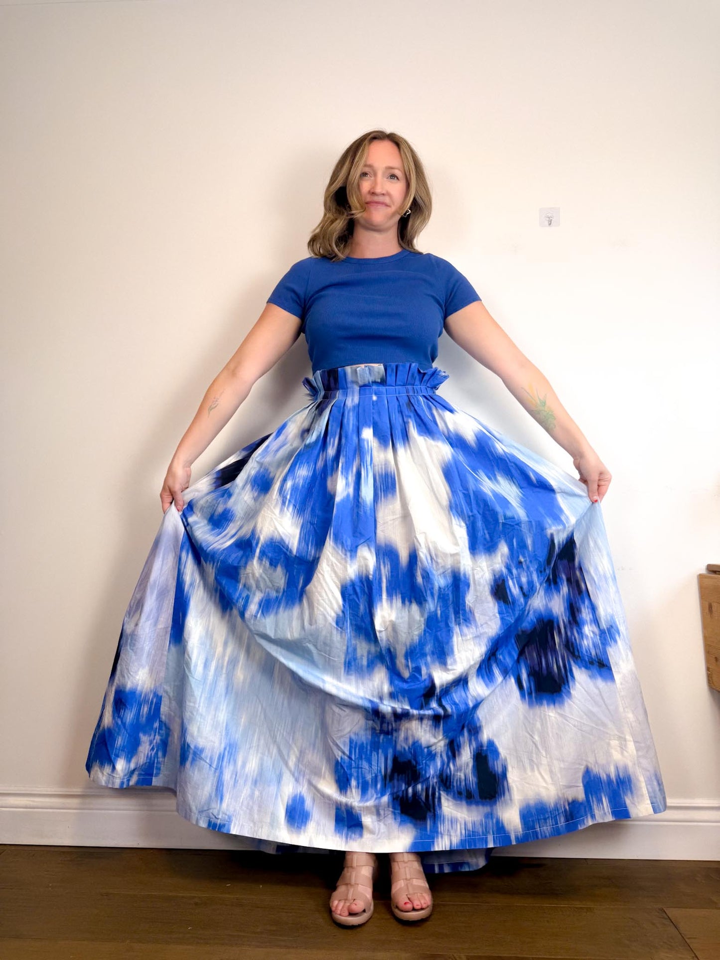 Carolina Herrera Designer "Maxi A-Line Women's Silk/Cotton Skirt in Blue/White Tie Dye" NWT (Size 12)