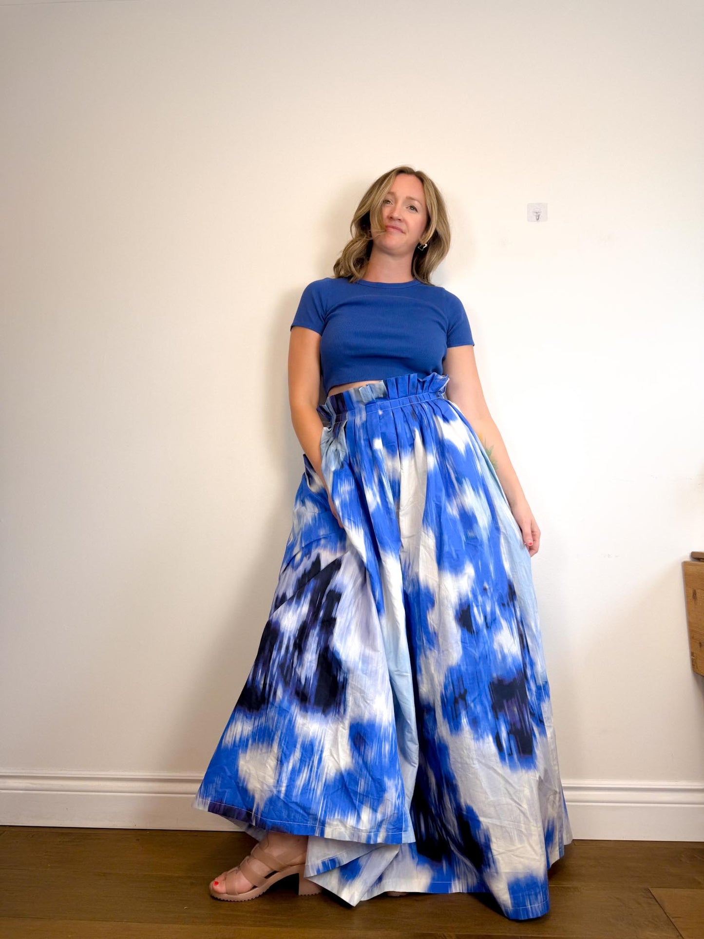 Carolina Herrera Designer "Maxi A-Line Women's Silk/Cotton Skirt in Blue/White Tie Dye" NWT (Size 12)
