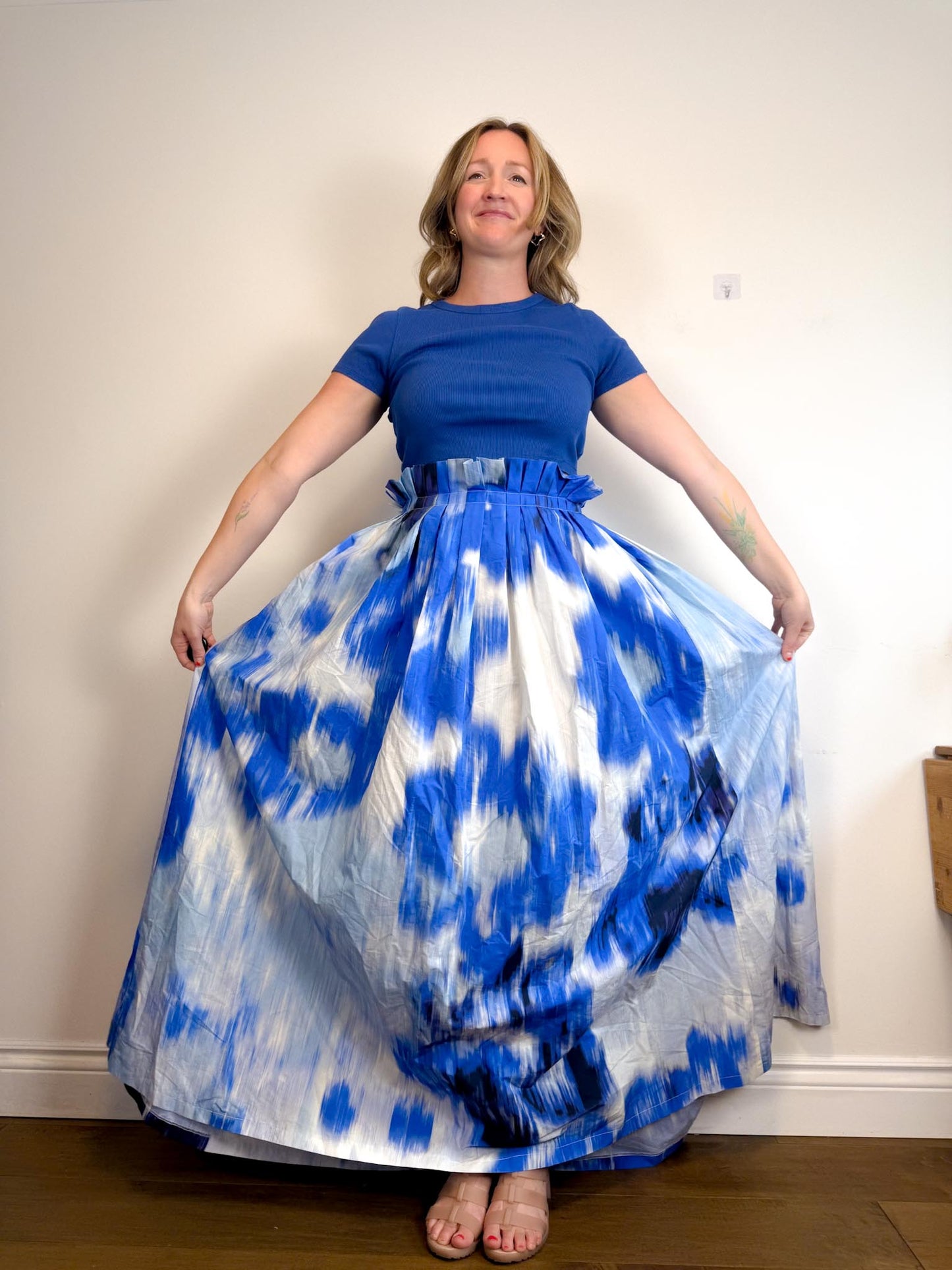 Carolina Herrera Designer "Maxi A-Line Women's Silk/Cotton Skirt in Blue/White Tie Dye" NWT (Size 12)