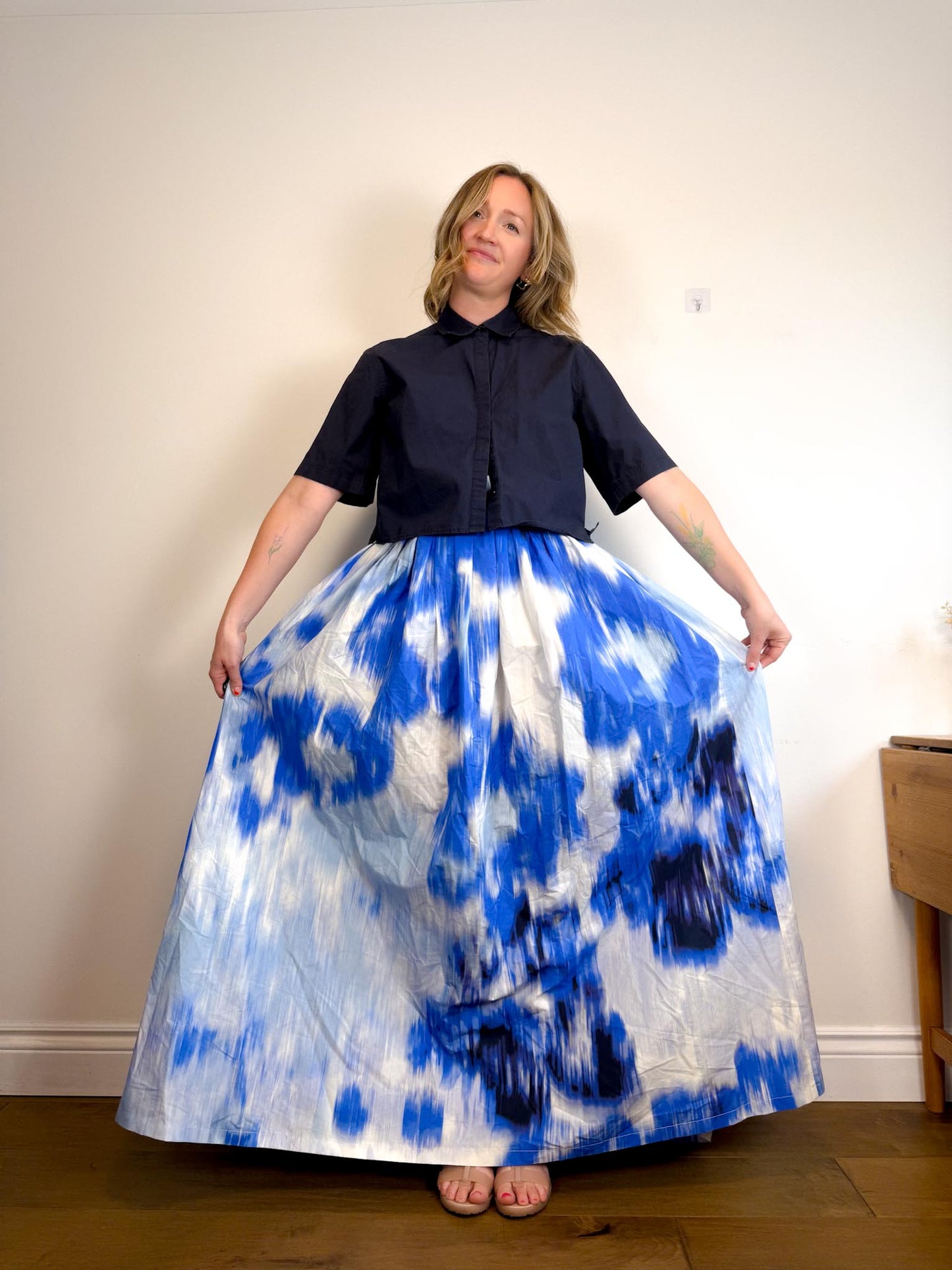 Carolina Herrera Designer "Maxi A-Line Women's Silk/Cotton Skirt in Blue/White Tie Dye" NWT (Size 12)