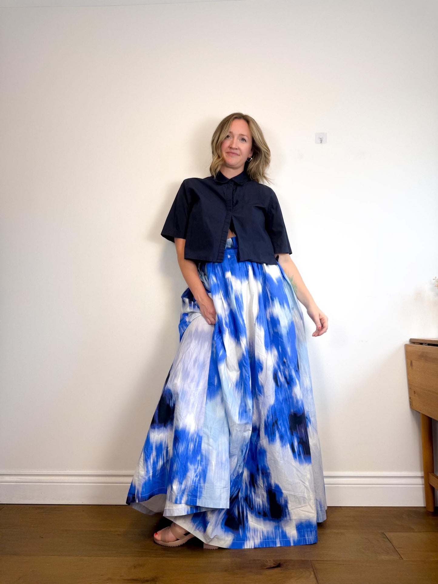 Carolina Herrera Designer "Maxi A-Line Women's Silk/Cotton Skirt in Blue/White Tie Dye" NWT (Size 12)
