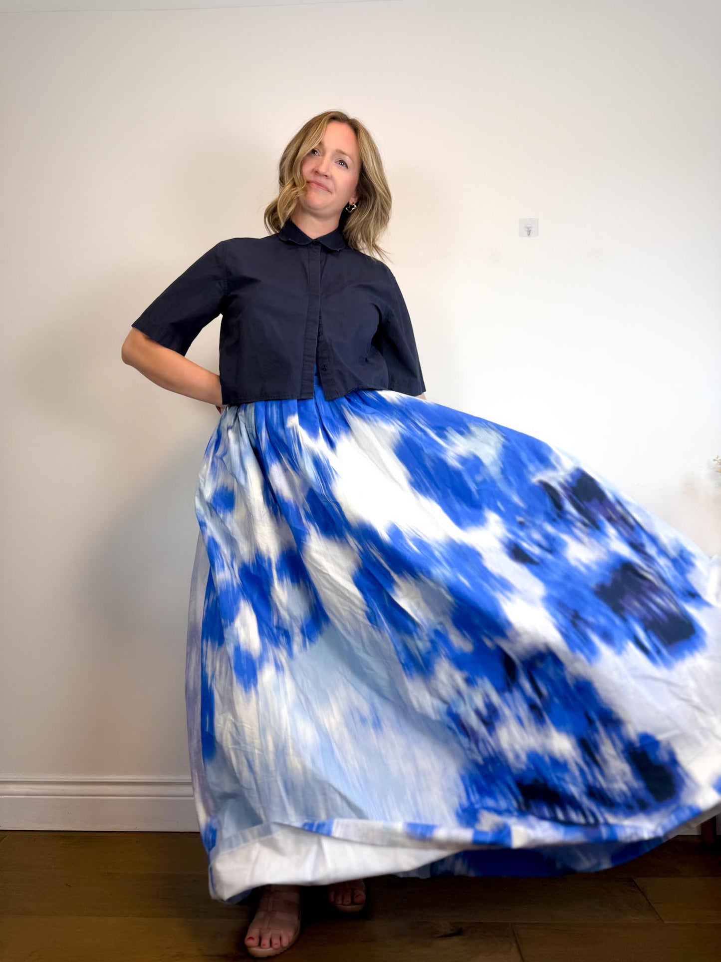 Carolina Herrera Designer "Maxi A-Line Women's Silk/Cotton Skirt in Blue/White Tie Dye" NWT (Size 12)
