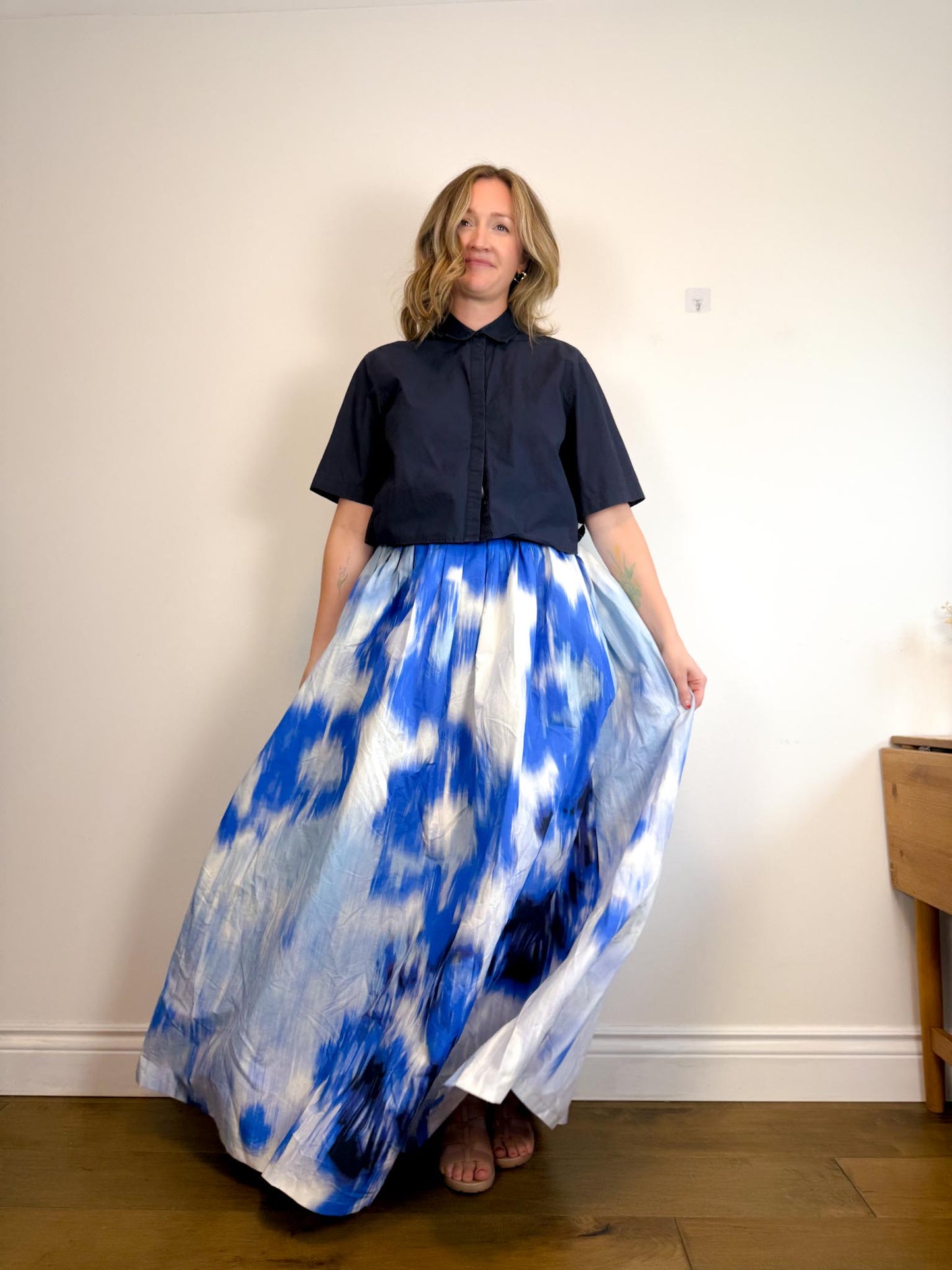 Carolina Herrera Designer "Maxi A-Line Women's Silk/Cotton Skirt in Blue/White Tie Dye" NWT (Size 12)