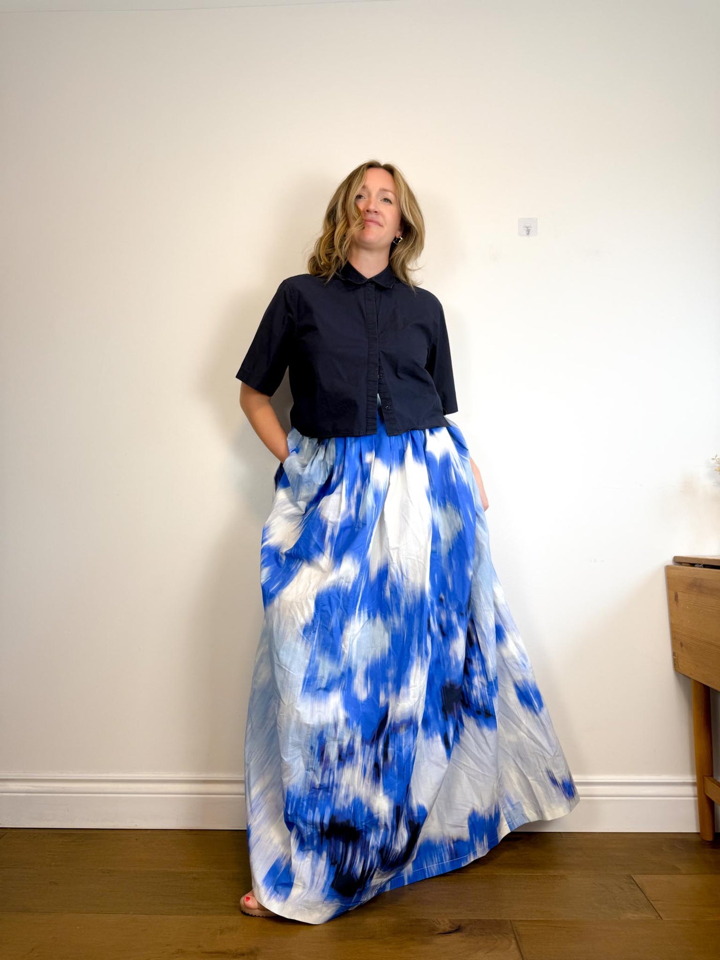 Carolina Herrera Designer "Maxi A-Line Women's Silk/Cotton Skirt in Blue/White Tie Dye" NWT (Size 12)