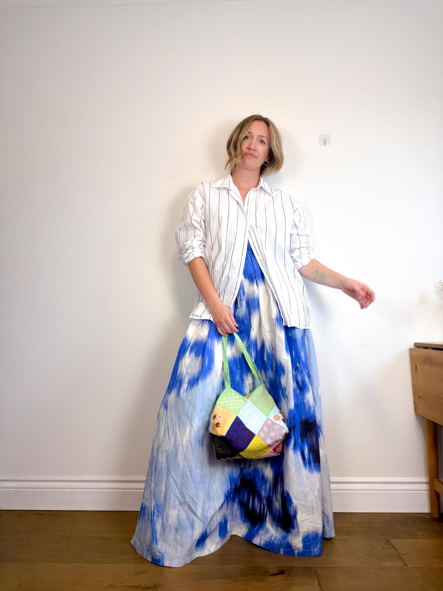 Carolina Herrera Designer "Maxi A-Line Women's Silk/Cotton Skirt in Blue/White Tie Dye" NWT (Size 12)