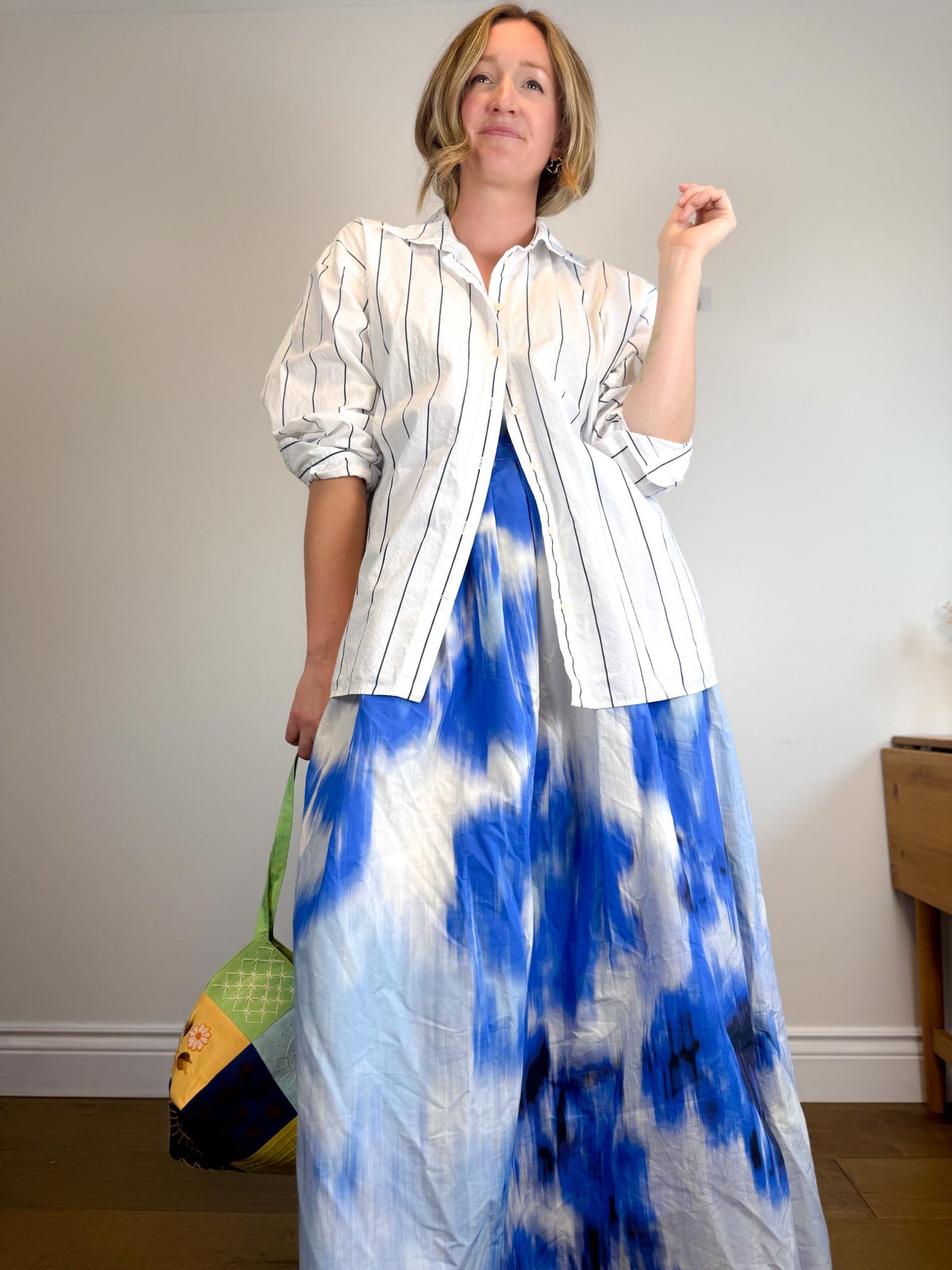 Carolina Herrera Designer "Maxi A-Line Women's Silk/Cotton Skirt in Blue/White Tie Dye" NWT (Size 12)