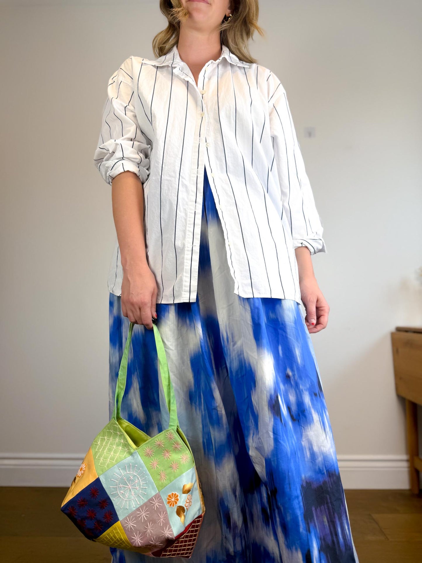 Carolina Herrera Designer "Maxi A-Line Women's Silk/Cotton Skirt in Blue/White Tie Dye" NWT (Size 12)