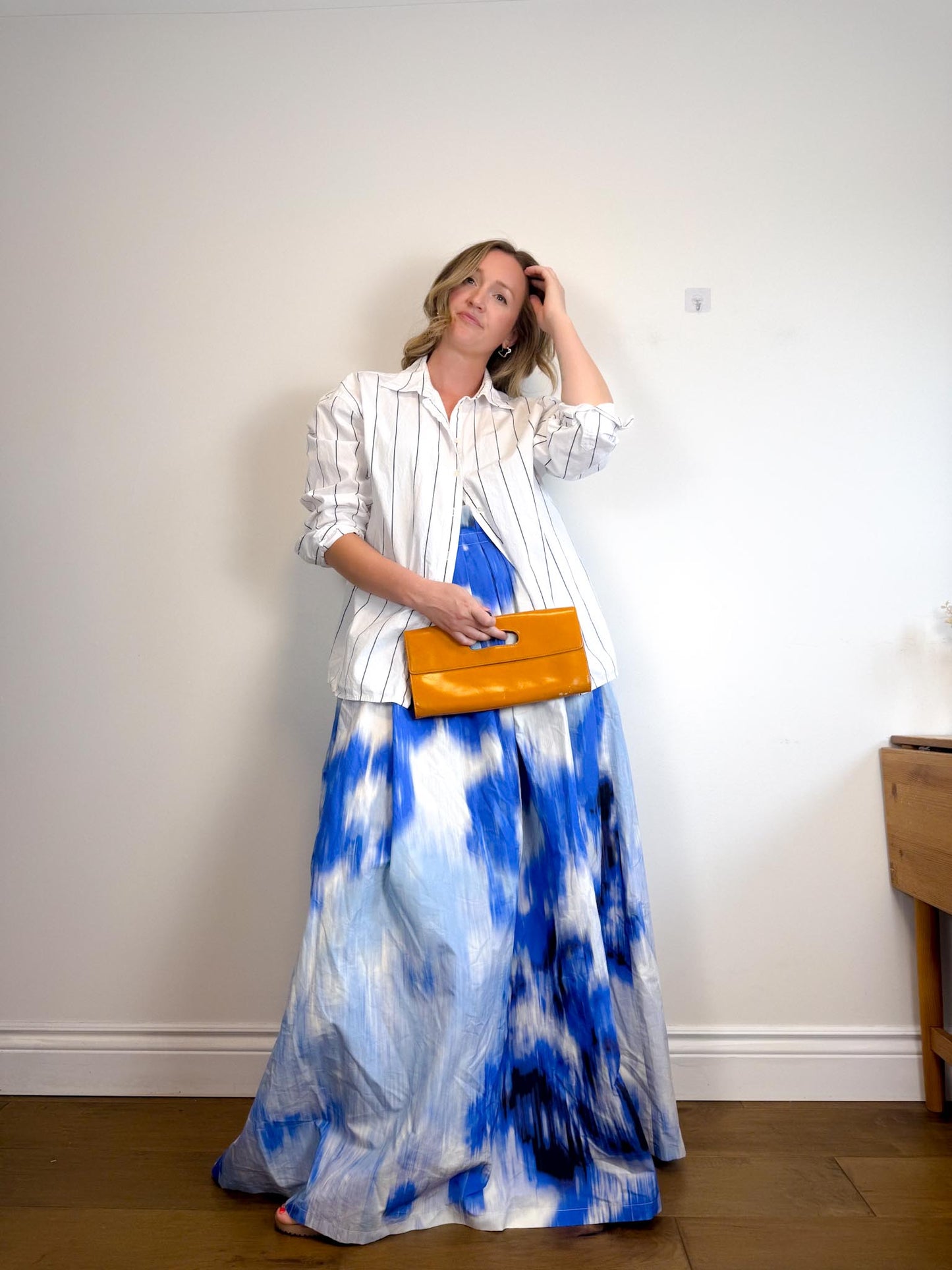 Carolina Herrera Designer "Maxi A-Line Women's Silk/Cotton Skirt in Blue/White Tie Dye" NWT (Size 12)