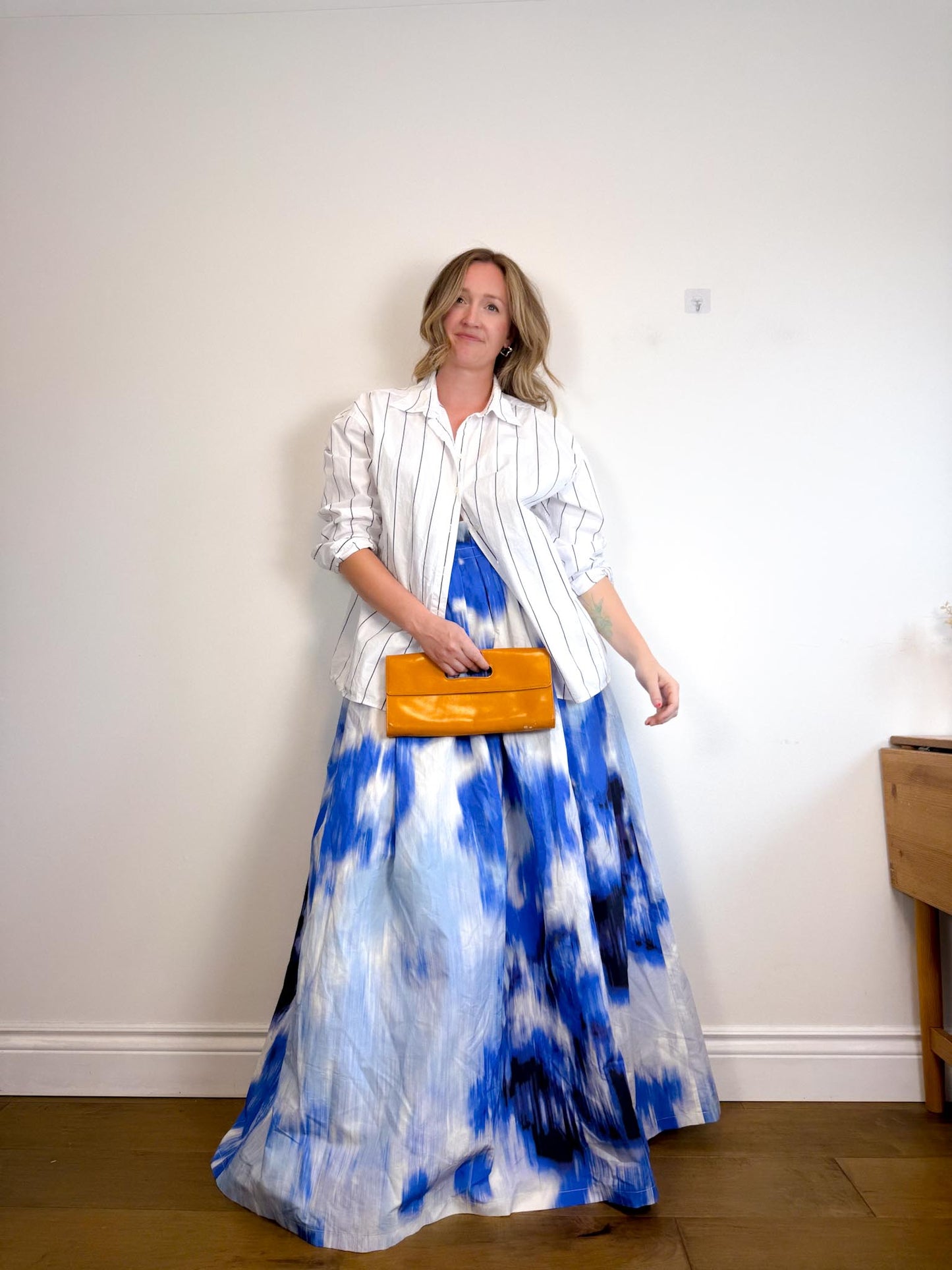 Carolina Herrera Designer "Maxi A-Line Women's Silk/Cotton Skirt in Blue/White Tie Dye" NWT (Size 12)