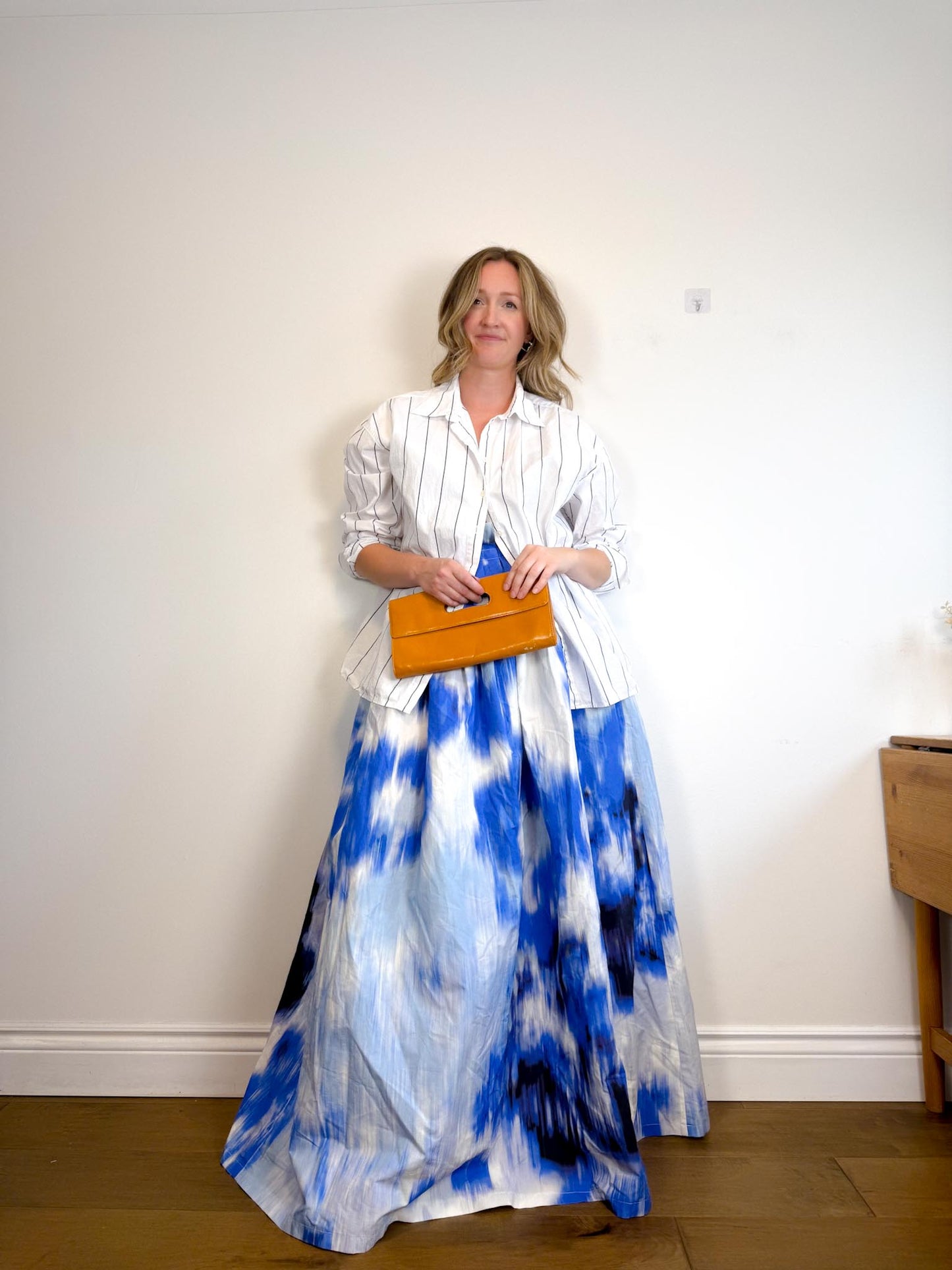 Carolina Herrera Designer "Maxi A-Line Women's Silk/Cotton Skirt in Blue/White Tie Dye" NWT (Size 12)