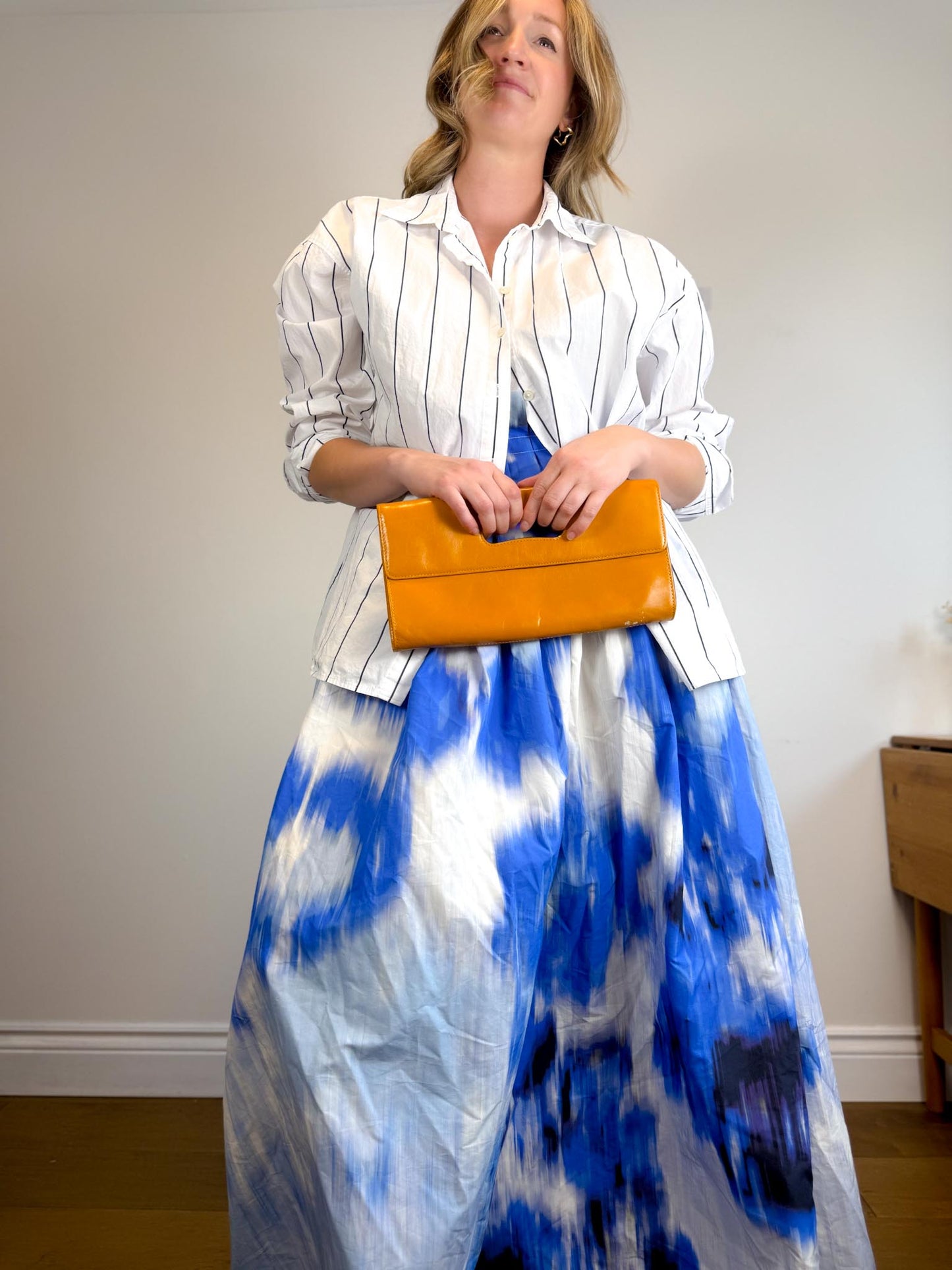Carolina Herrera Designer "Maxi A-Line Women's Silk/Cotton Skirt in Blue/White Tie Dye" NWT (Size 12)