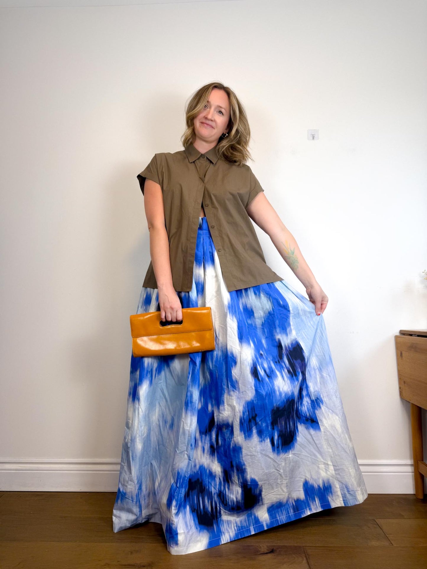 Carolina Herrera Designer "Maxi A-Line Women's Silk/Cotton Skirt in Blue/White Tie Dye" NWT (Size 12)