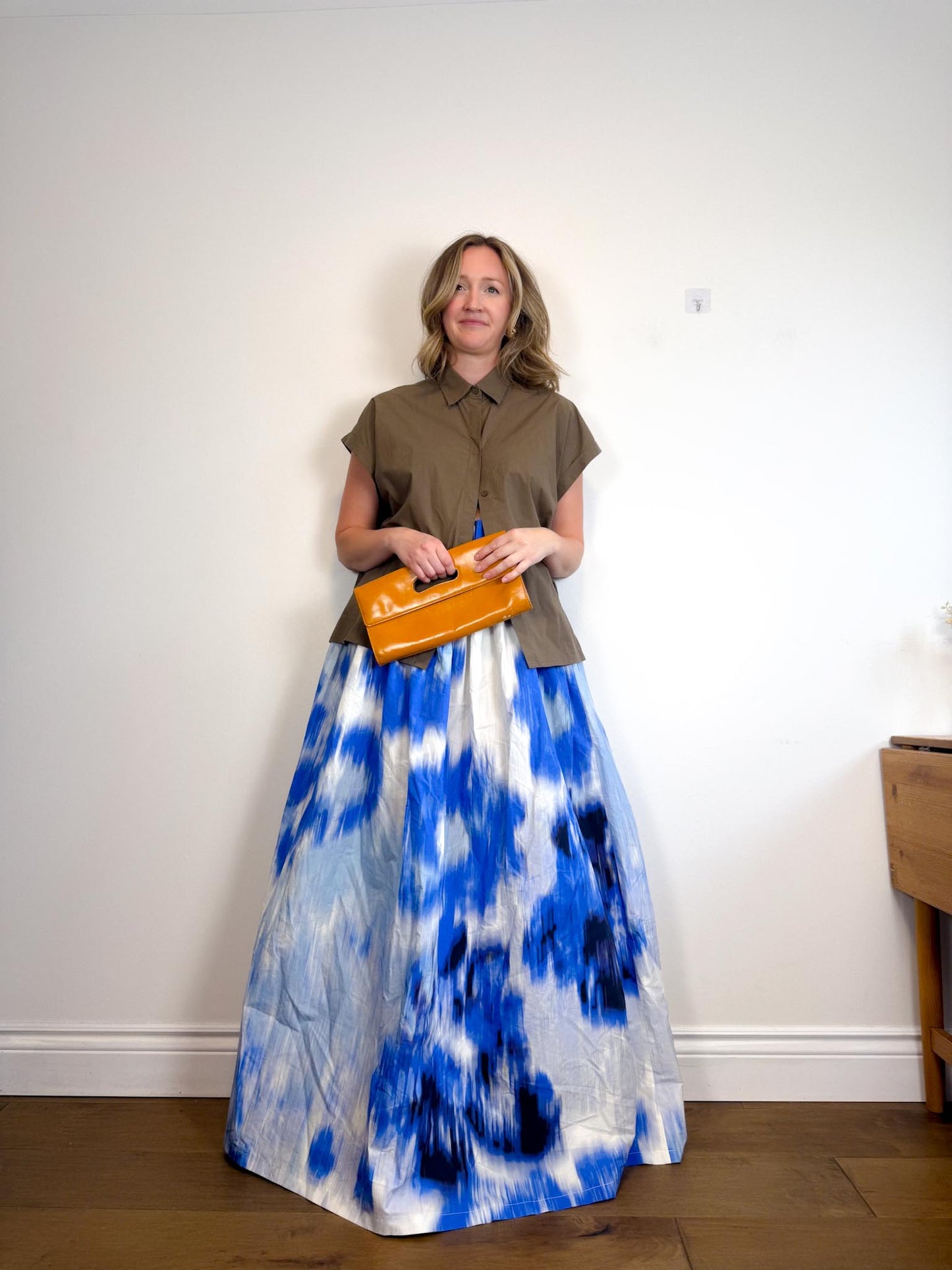 Carolina Herrera Designer "Maxi A-Line Women's Silk/Cotton Skirt in Blue/White Tie Dye" NWT (Size 12)