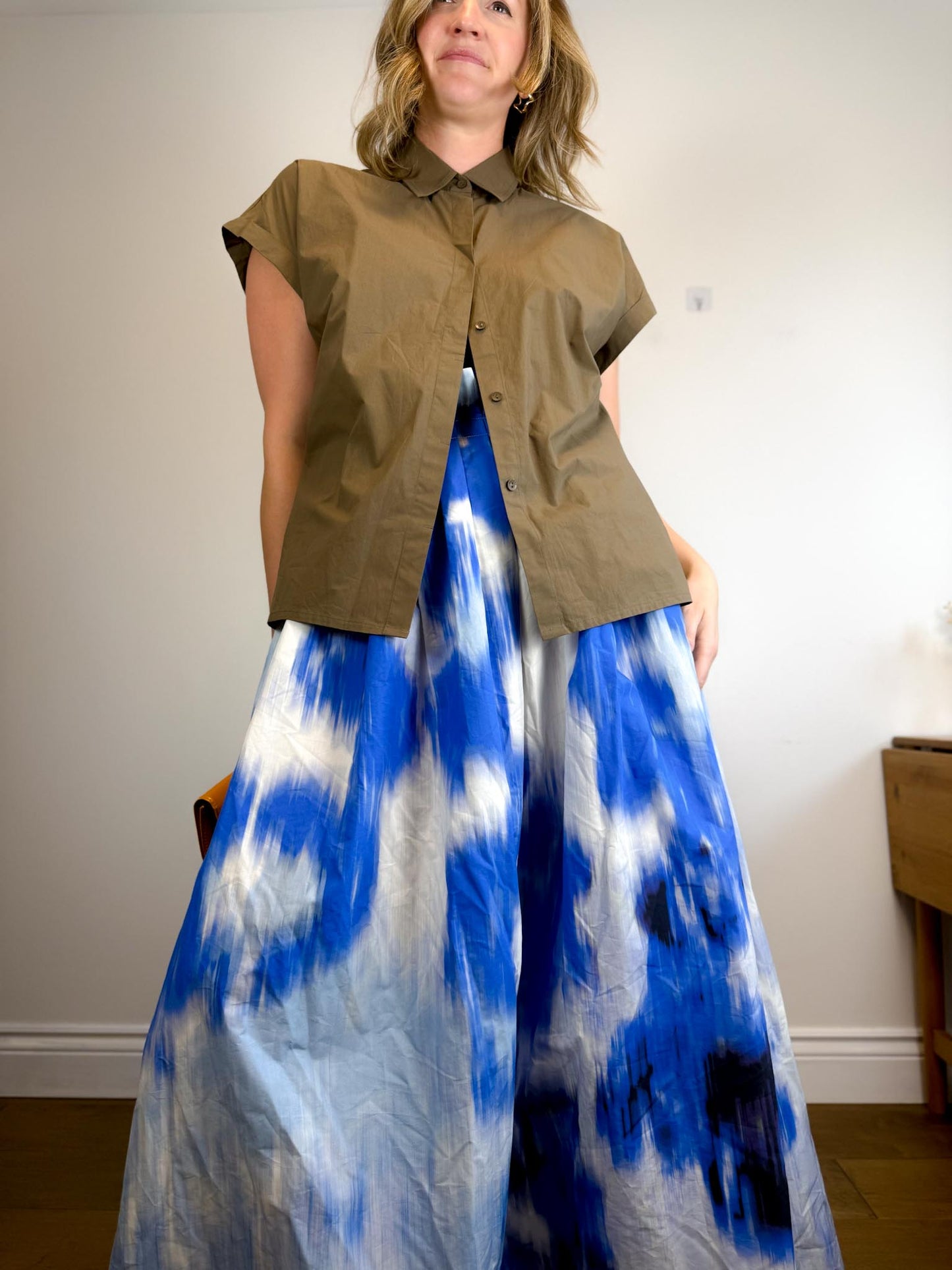 Carolina Herrera Designer "Maxi A-Line Women's Silk/Cotton Skirt in Blue/White Tie Dye" NWT (Size 12)