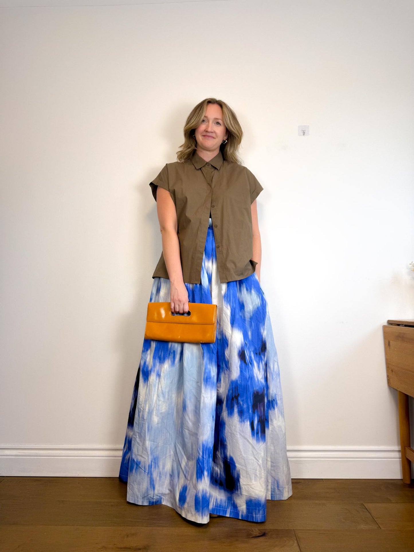 Carolina Herrera Designer "Maxi A-Line Women's Silk/Cotton Skirt in Blue/White Tie Dye" NWT (Size 12)