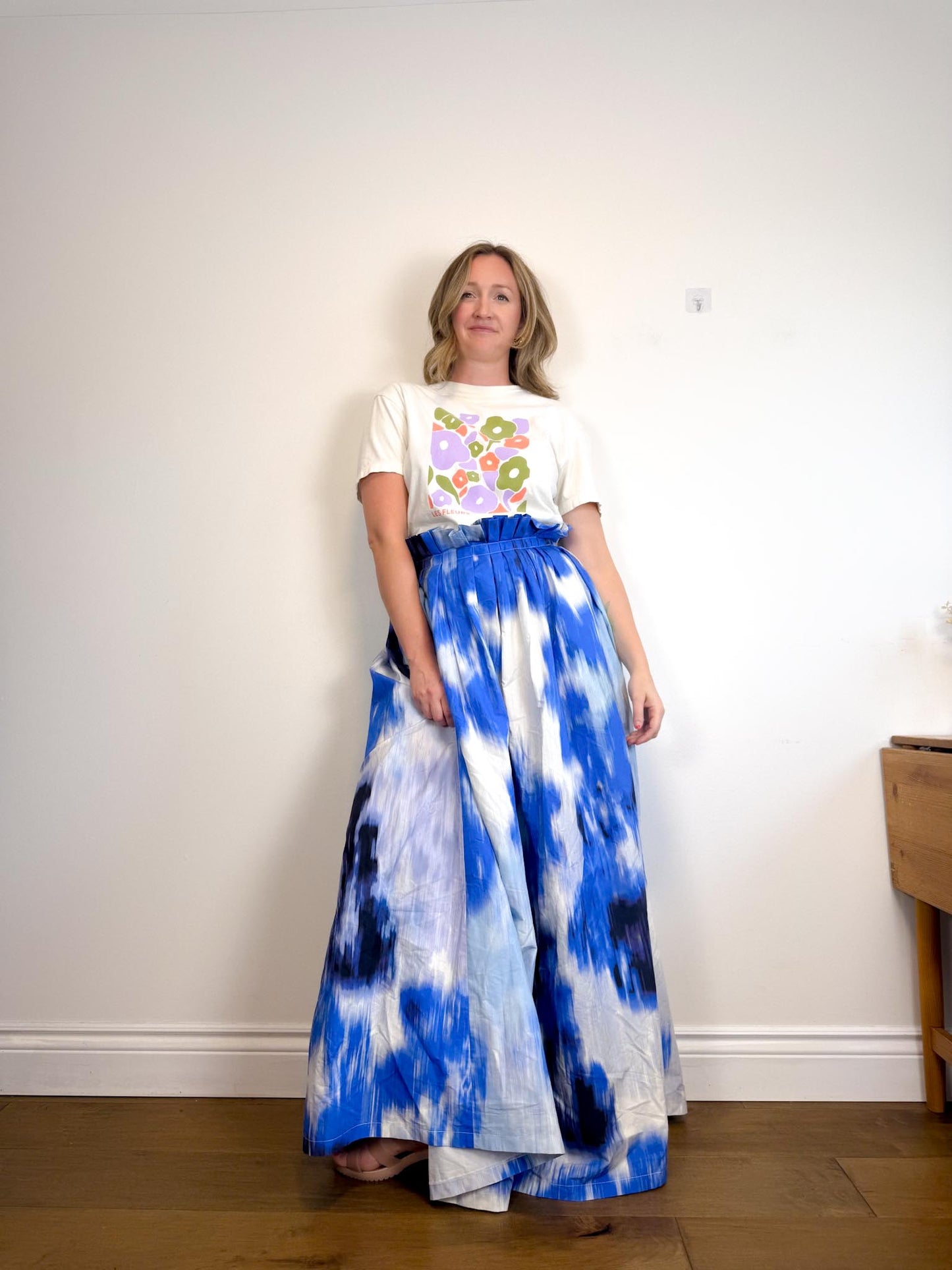 Carolina Herrera Designer "Maxi A-Line Women's Silk/Cotton Skirt in Blue/White Tie Dye" NWT (Size 12)