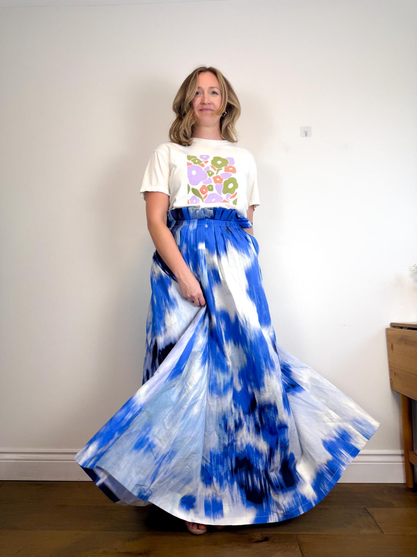 Carolina Herrera Designer "Maxi A-Line Women's Silk/Cotton Skirt in Blue/White Tie Dye" NWT (Size 12)