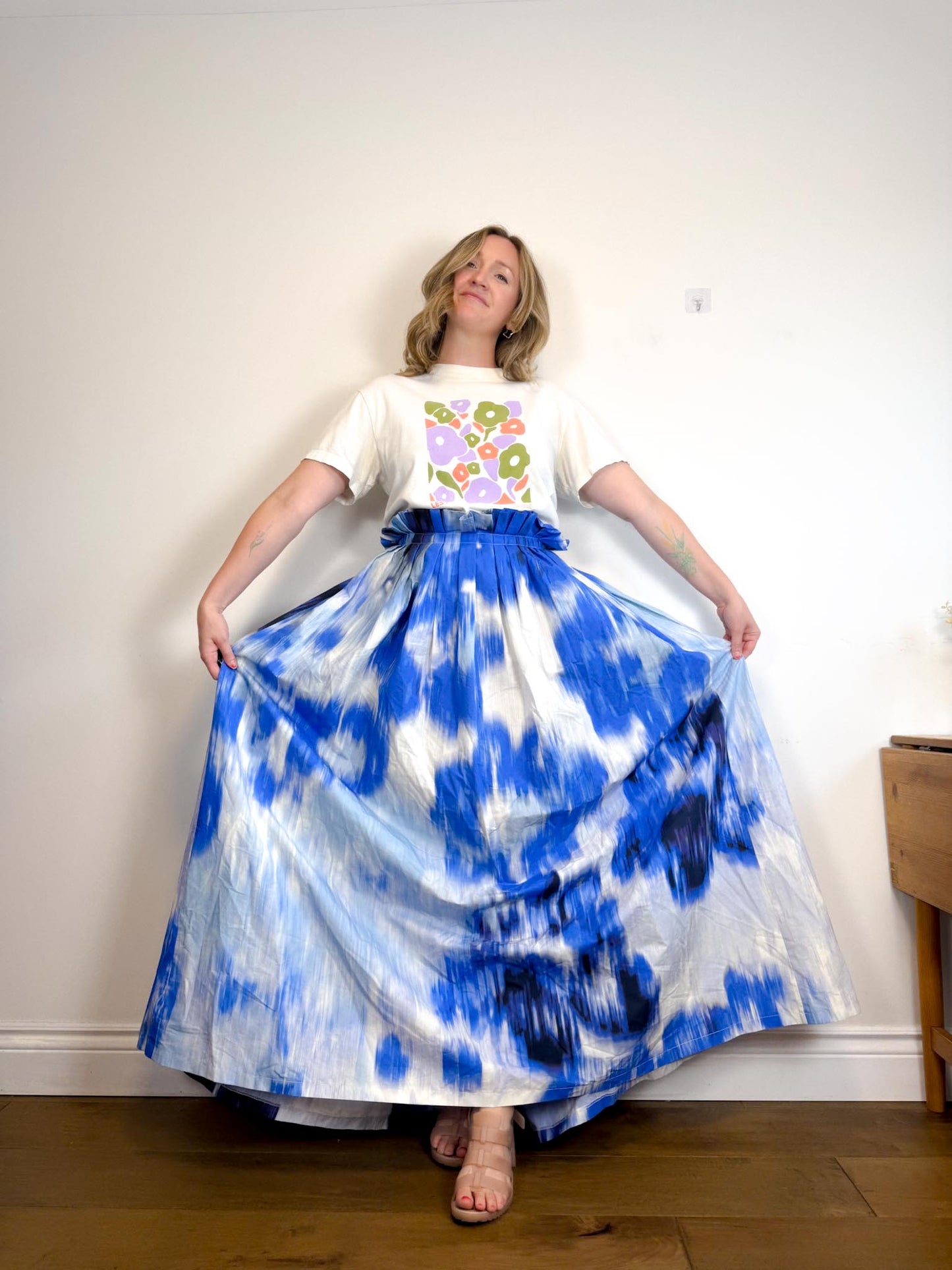 Carolina Herrera Designer "Maxi A-Line Women's Silk/Cotton Skirt in Blue/White Tie Dye" NWT (Size 12)