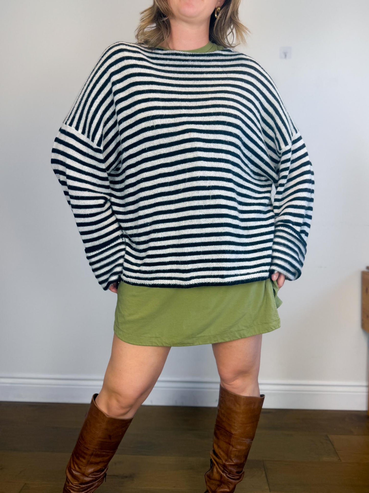 ALLSAINTS "Striped Oversized Casso Sweater in White/Black Stripe" (Size XL)