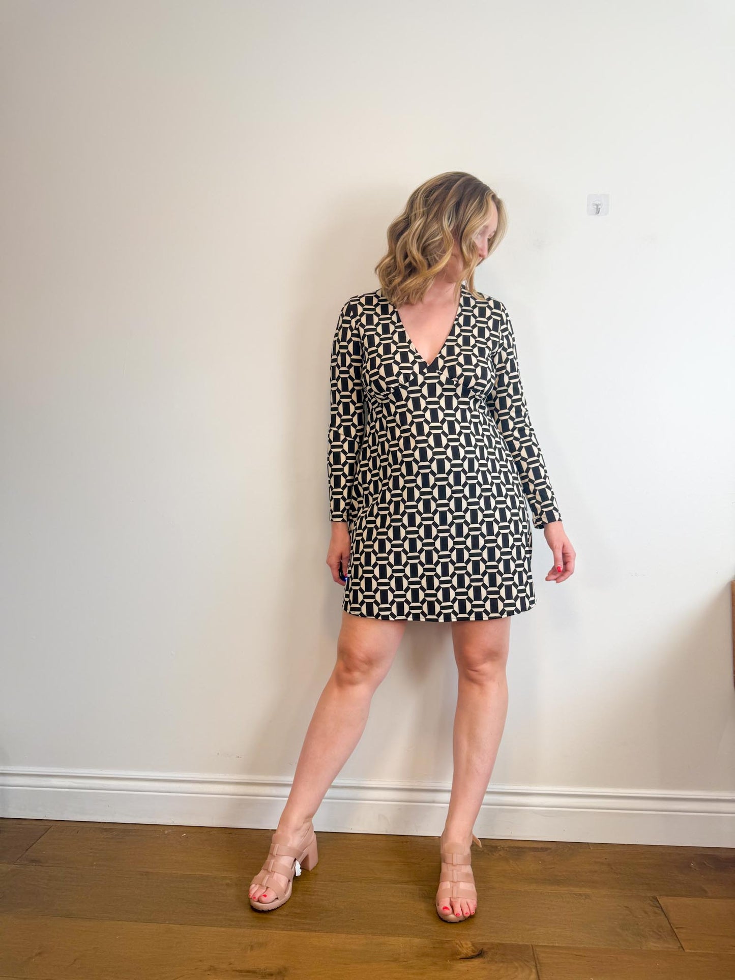Mango Geometric Print Dress in Black/White (Size L)