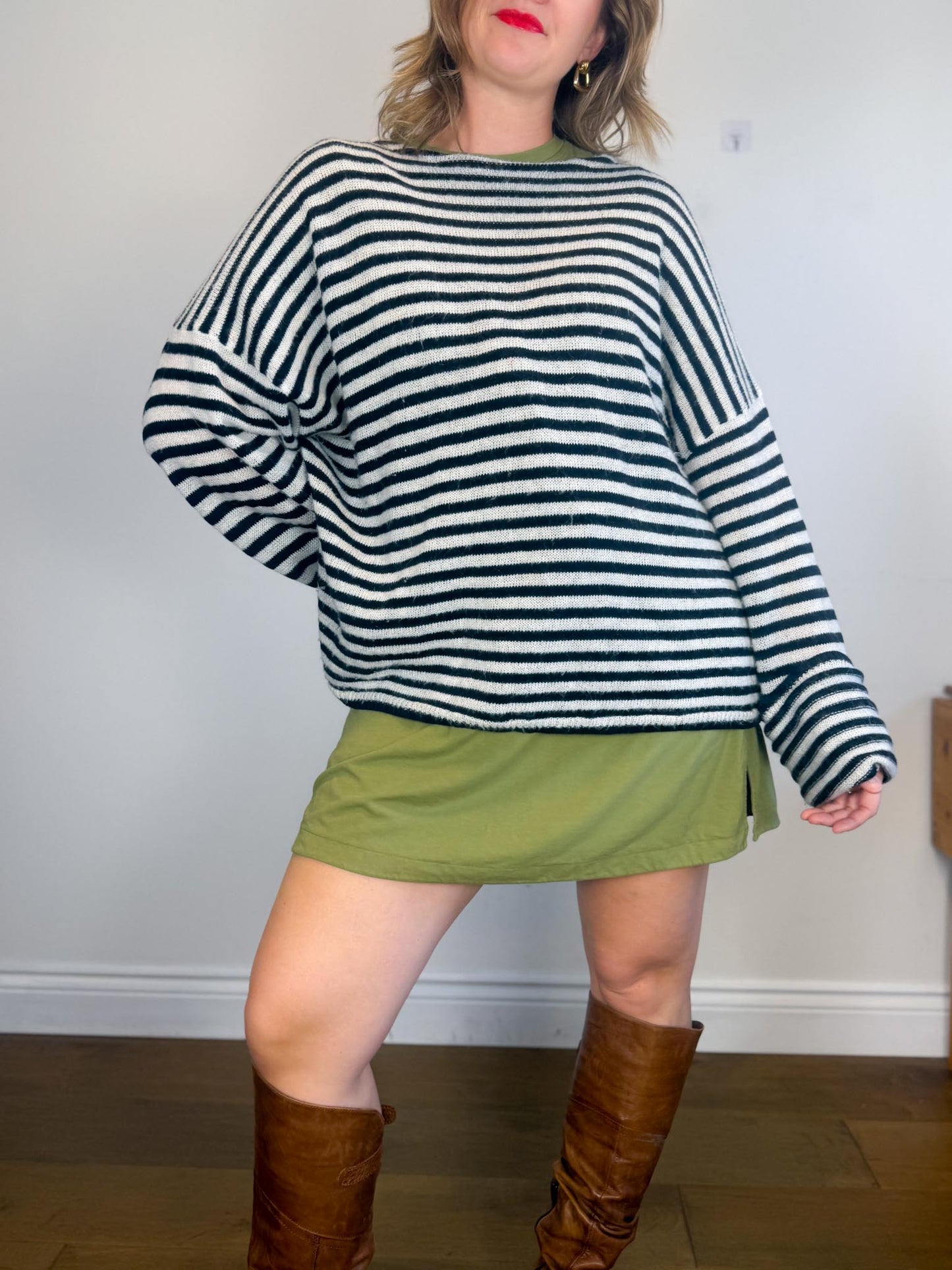 ALLSAINTS "Striped Oversized Casso Sweater in White/Black Stripe" (Size XL)