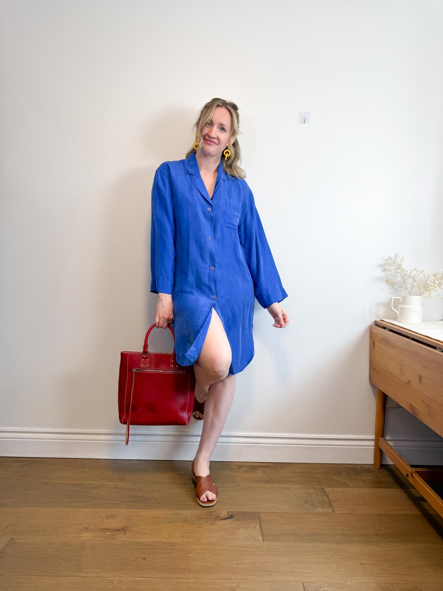 Vintage Silk Long Blouse in Royal Blue (Size M/L)