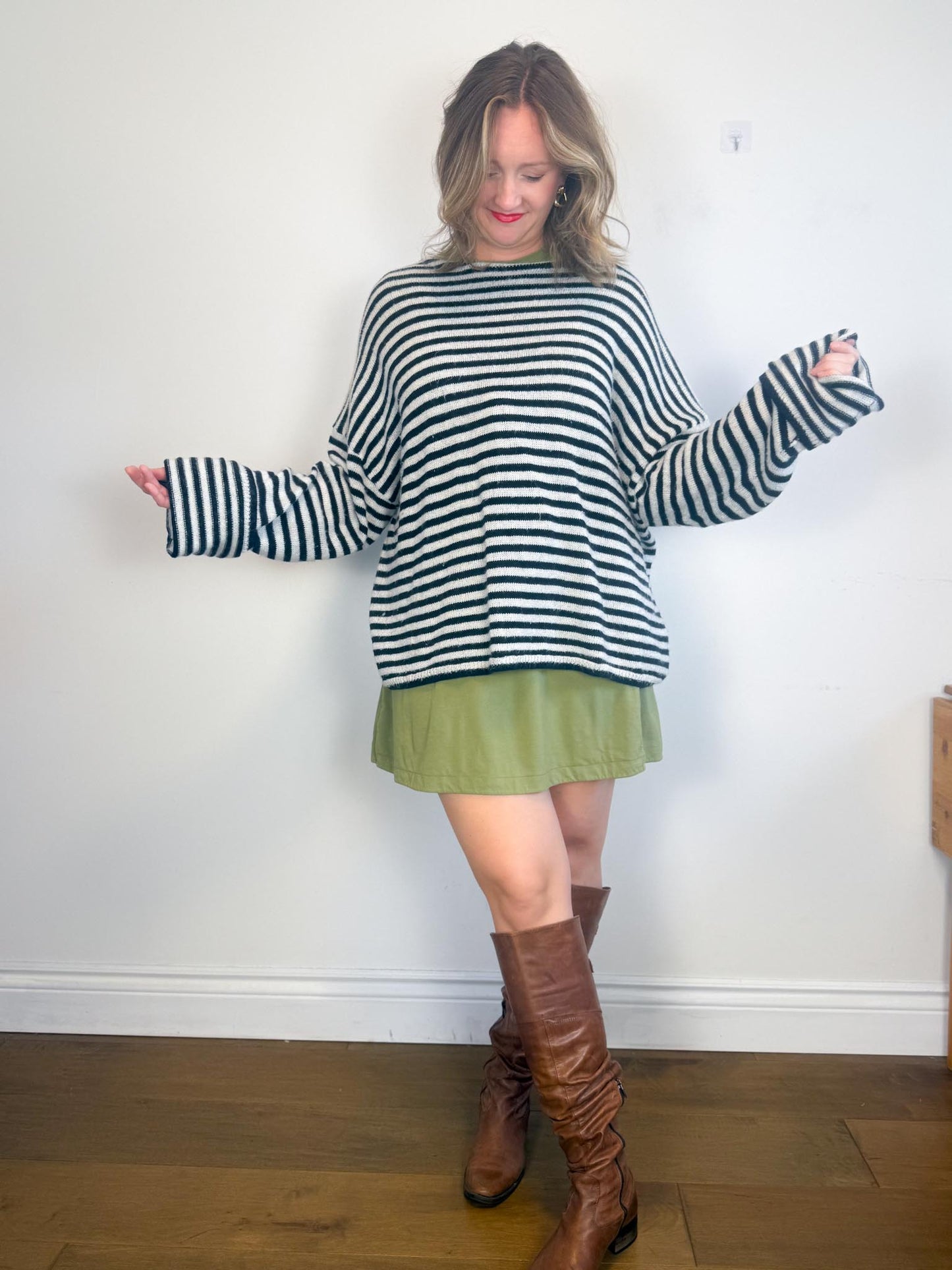 ALLSAINTS "Striped Oversized Casso Sweater in White/Black Stripe" (Size XL)