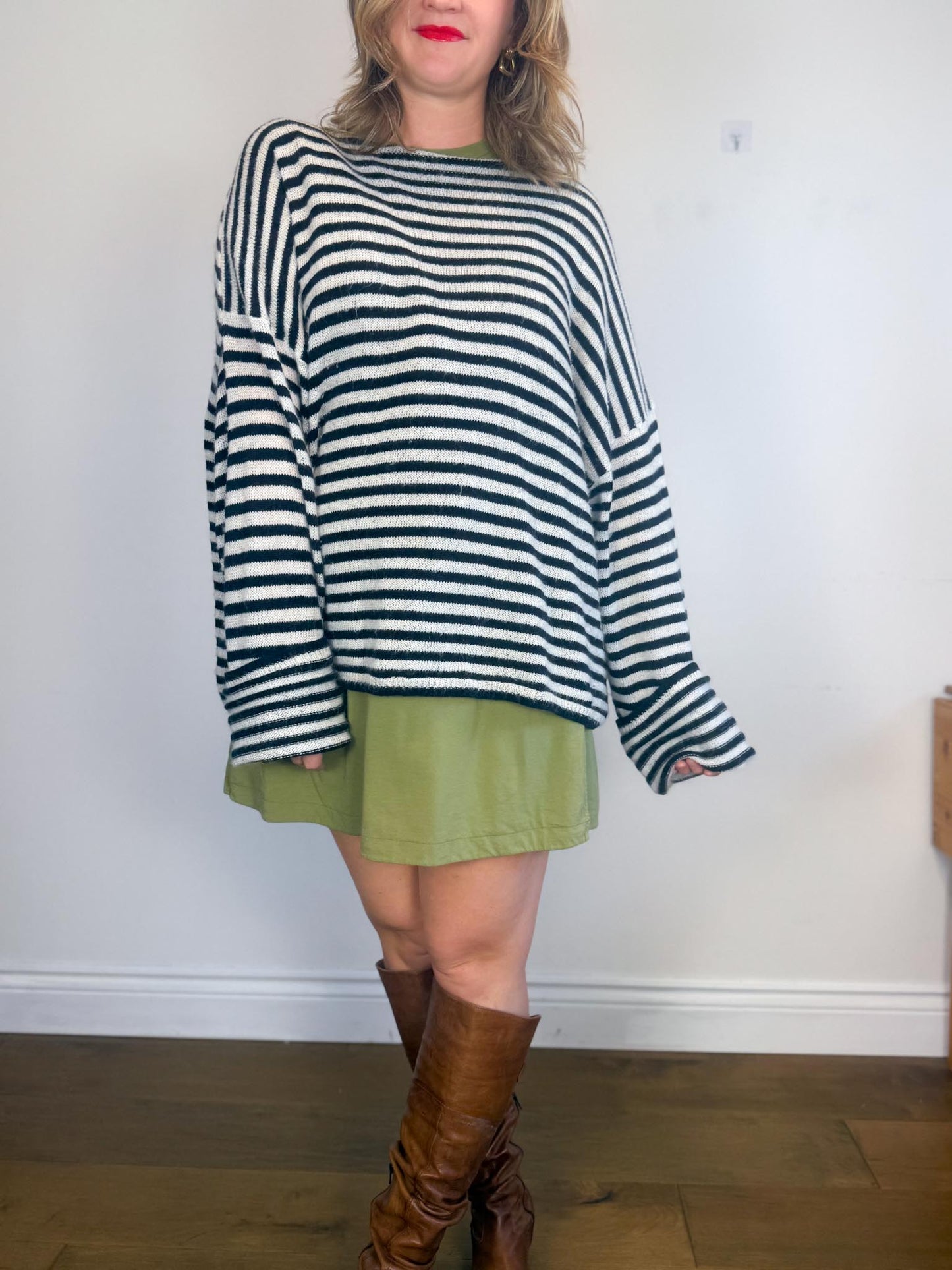 ALLSAINTS "Striped Oversized Casso Sweater in White/Black Stripe" (Size XL)