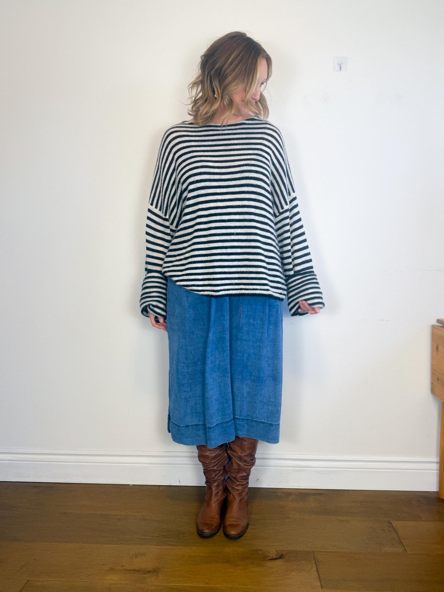 ALLSAINTS "Striped Oversized Casso Sweater in White/Black Stripe" (Size XL)
