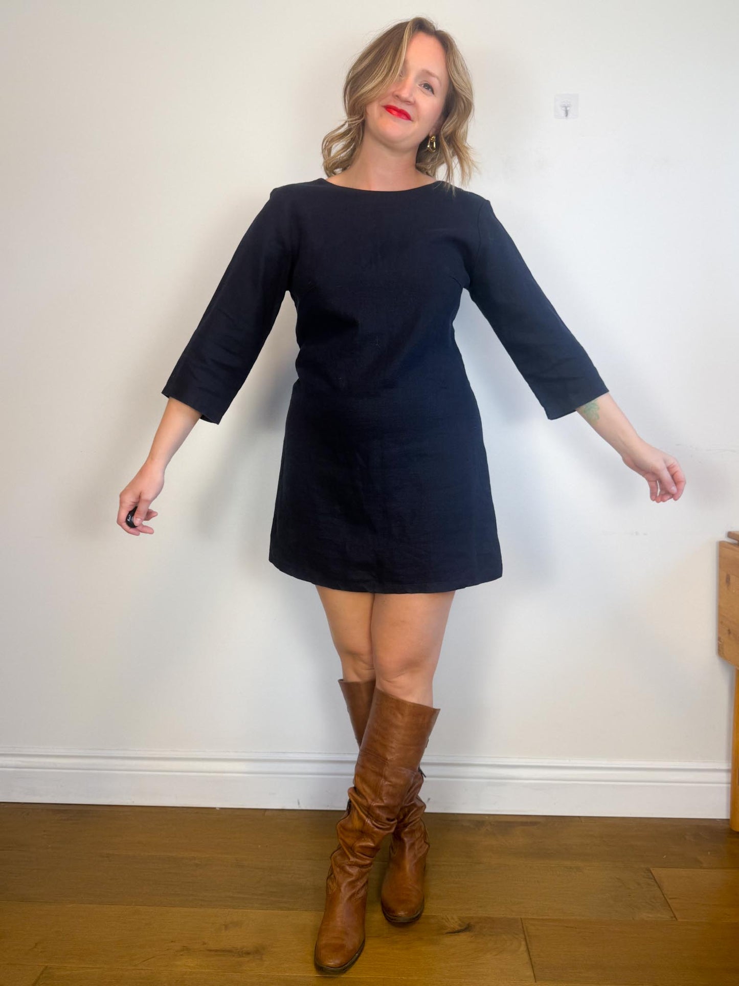 Linen & Life 3/4 Sleeve Linen Mini Dress In Navy SOLD AS IS (SIze M/L)