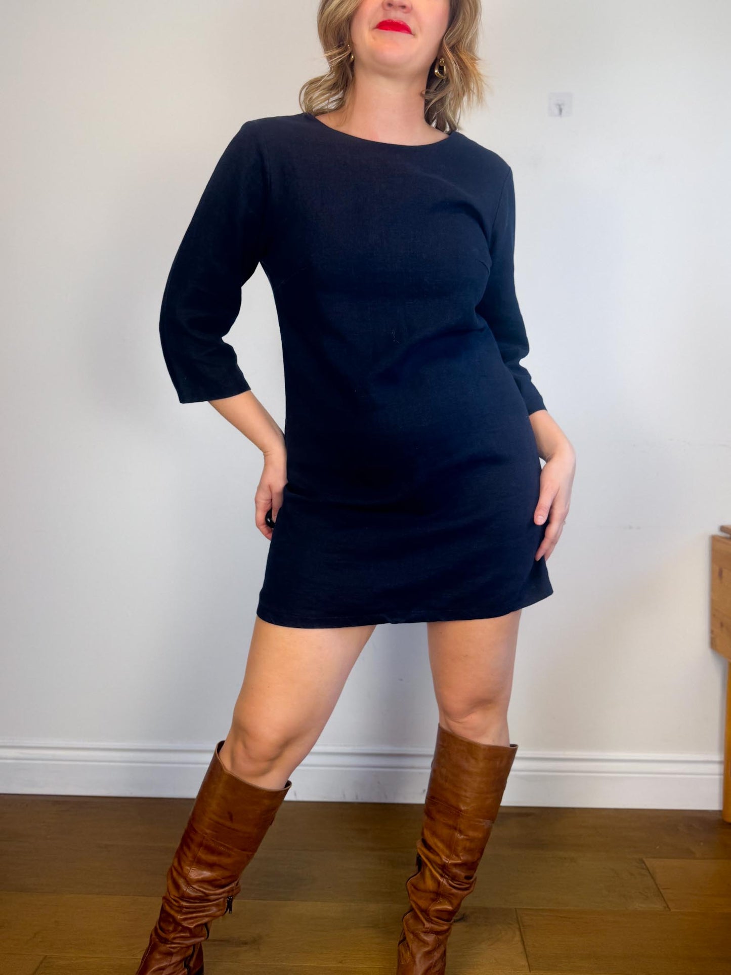 Linen & Life 3/4 Sleeve Linen Mini Dress In Navy SOLD AS IS (SIze M/L)