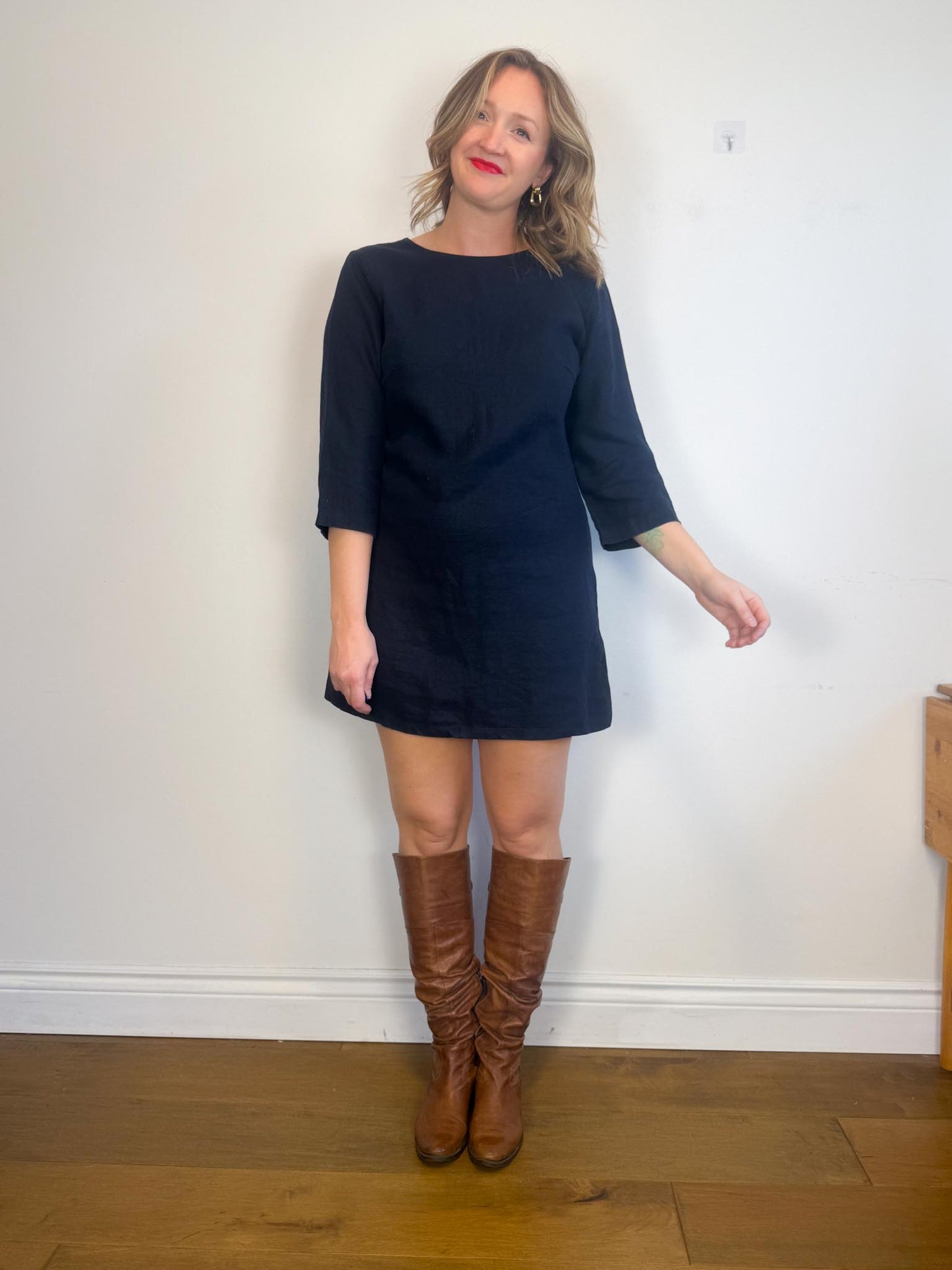 Linen & Life 3/4 Sleeve Linen Mini Dress In Navy SOLD AS IS (SIze M/L)