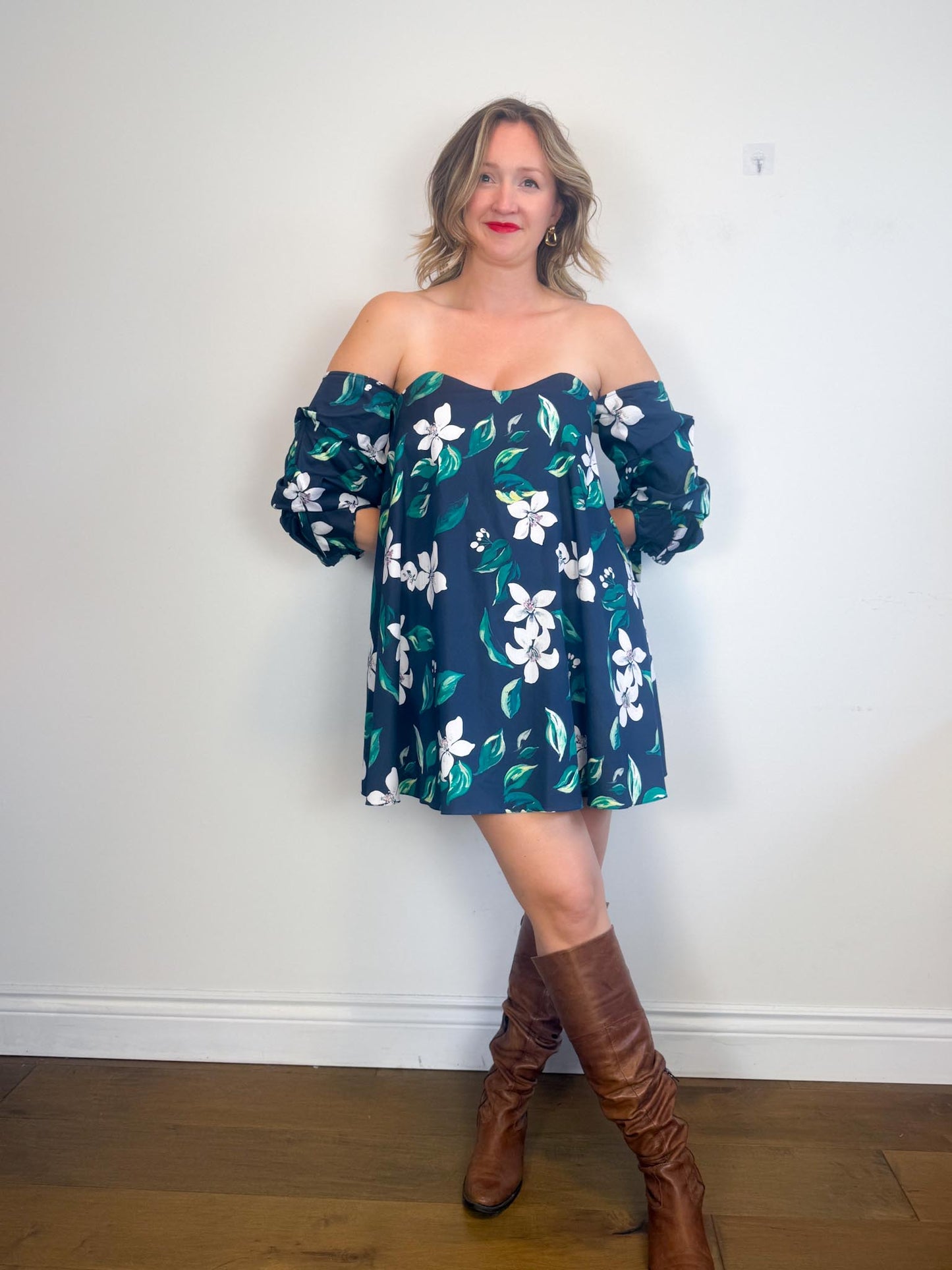 Caroline Constas Designer "Gabrielle Floral Strapless Mini Dress in Navy (Size L)