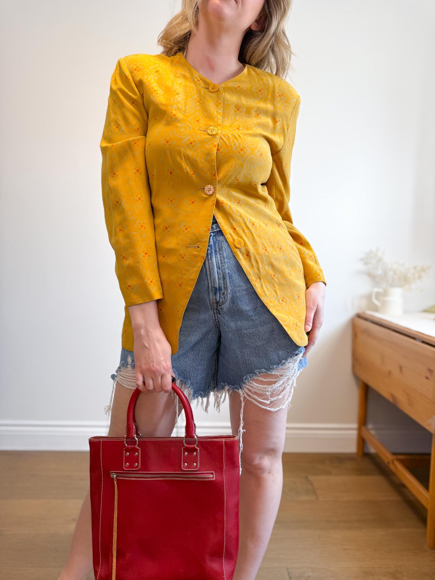 Vintage Silk Blazer in Mustard Print (Size S/M)