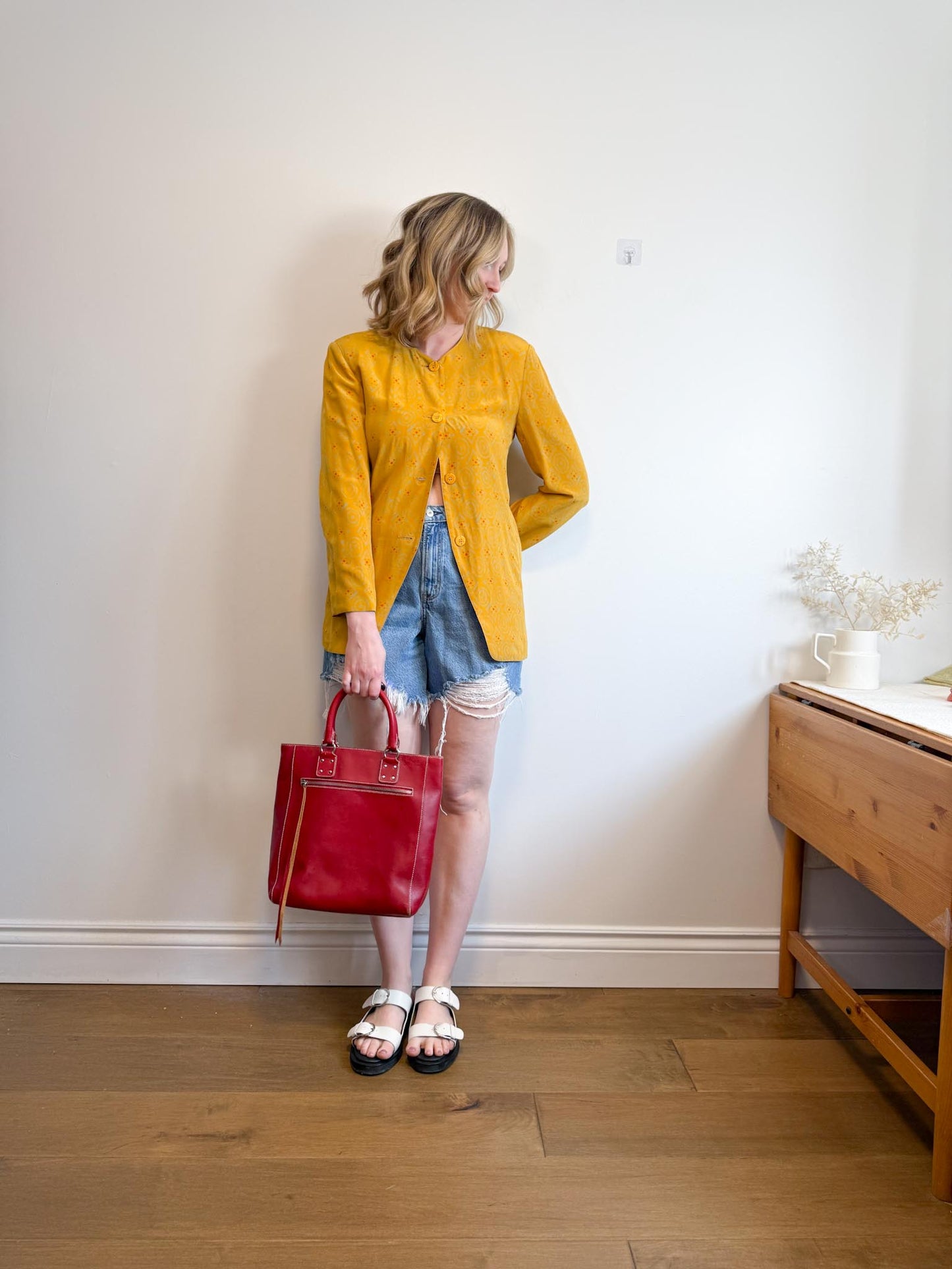 Vintage Silk Blazer in Mustard Print (Size S/M)