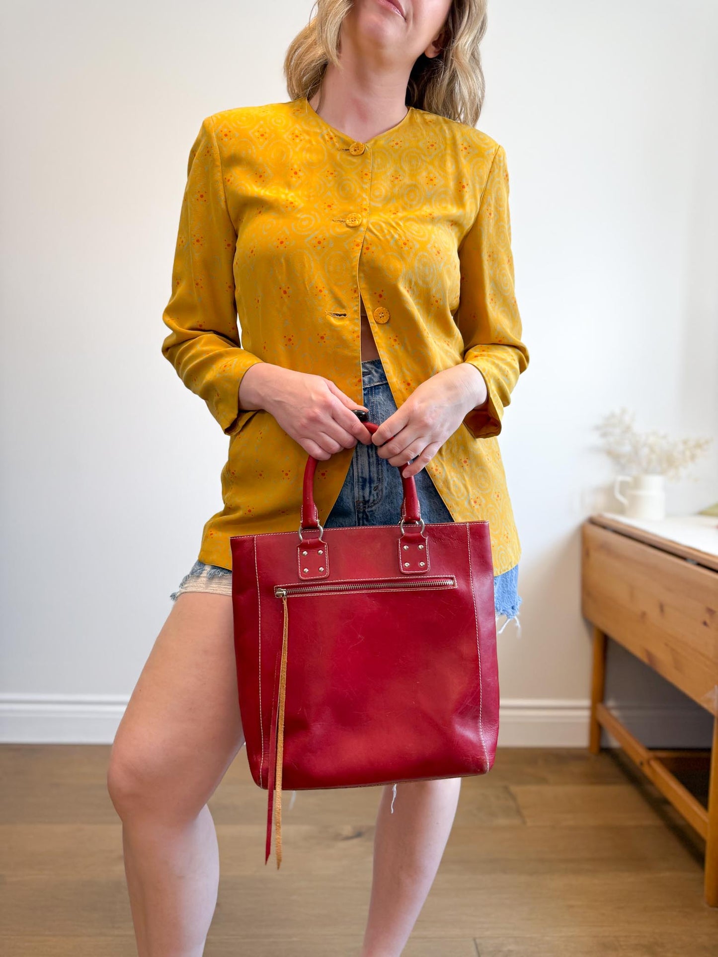 Vintage Silk Blazer in Mustard Print (Size S/M)