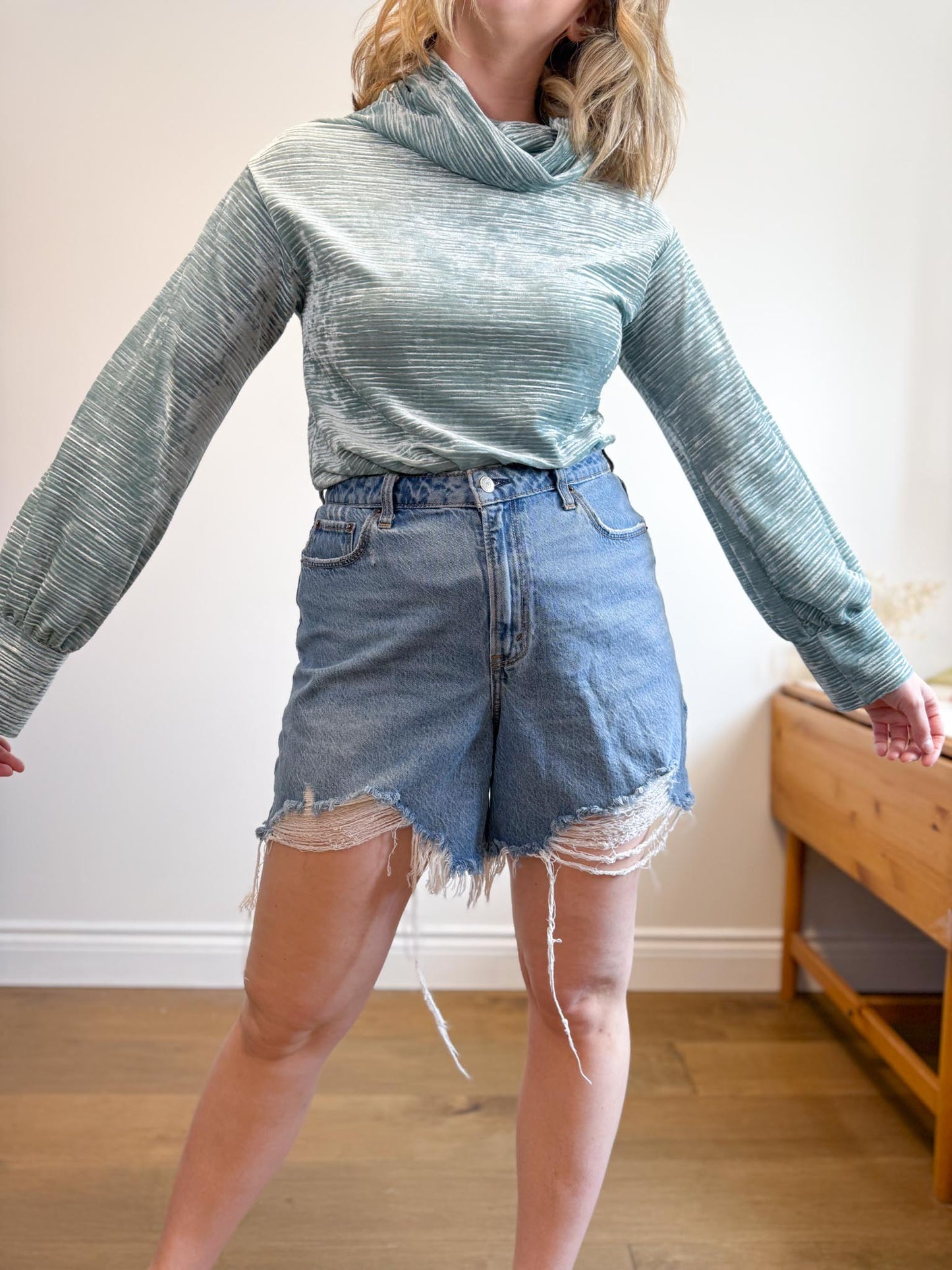 Marigold Slow Fashion Velvet Mockneck Top in Teal (Size XS/S)