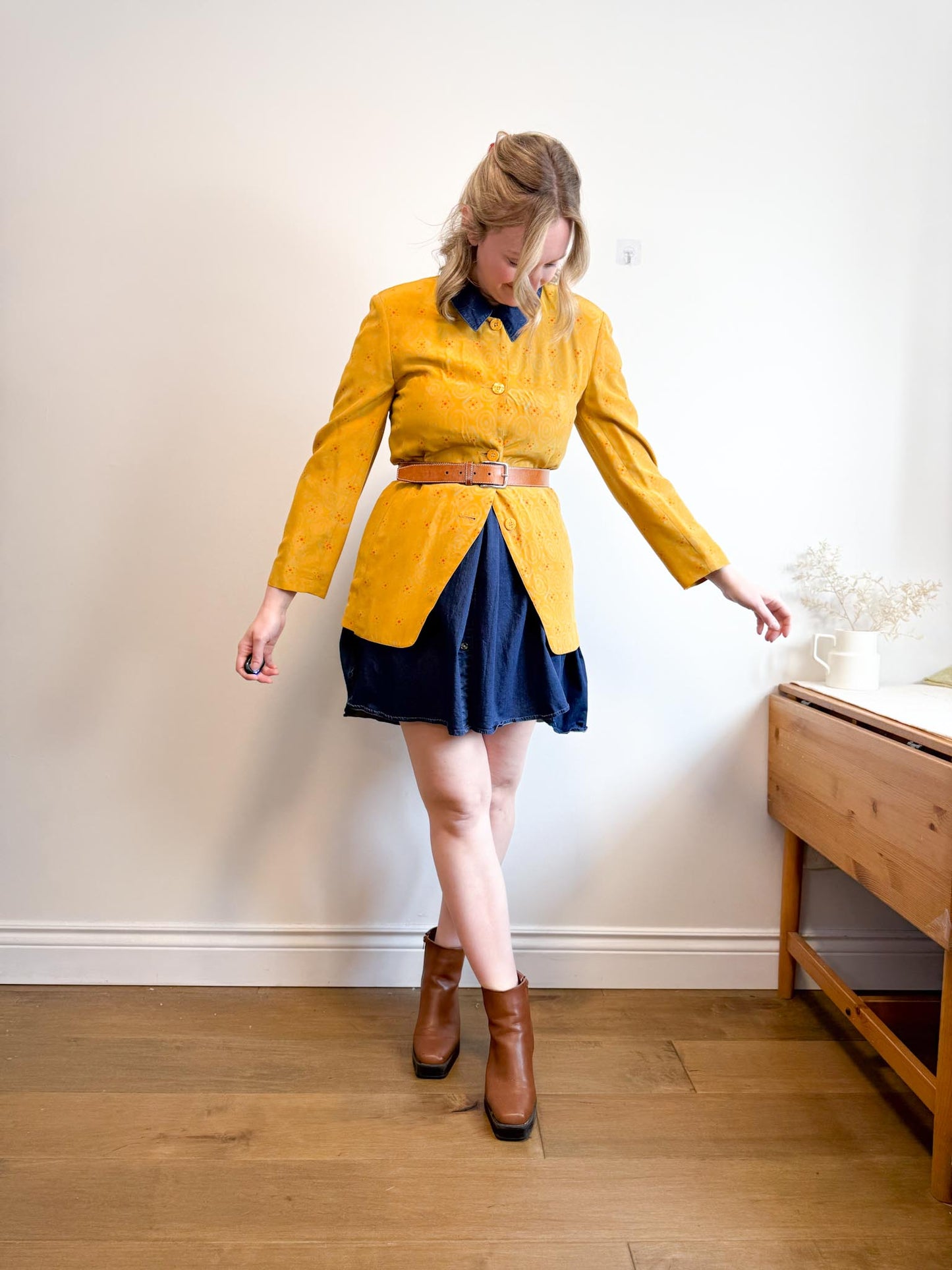 Vintage Silk Blazer in Mustard Print (Size S/M)