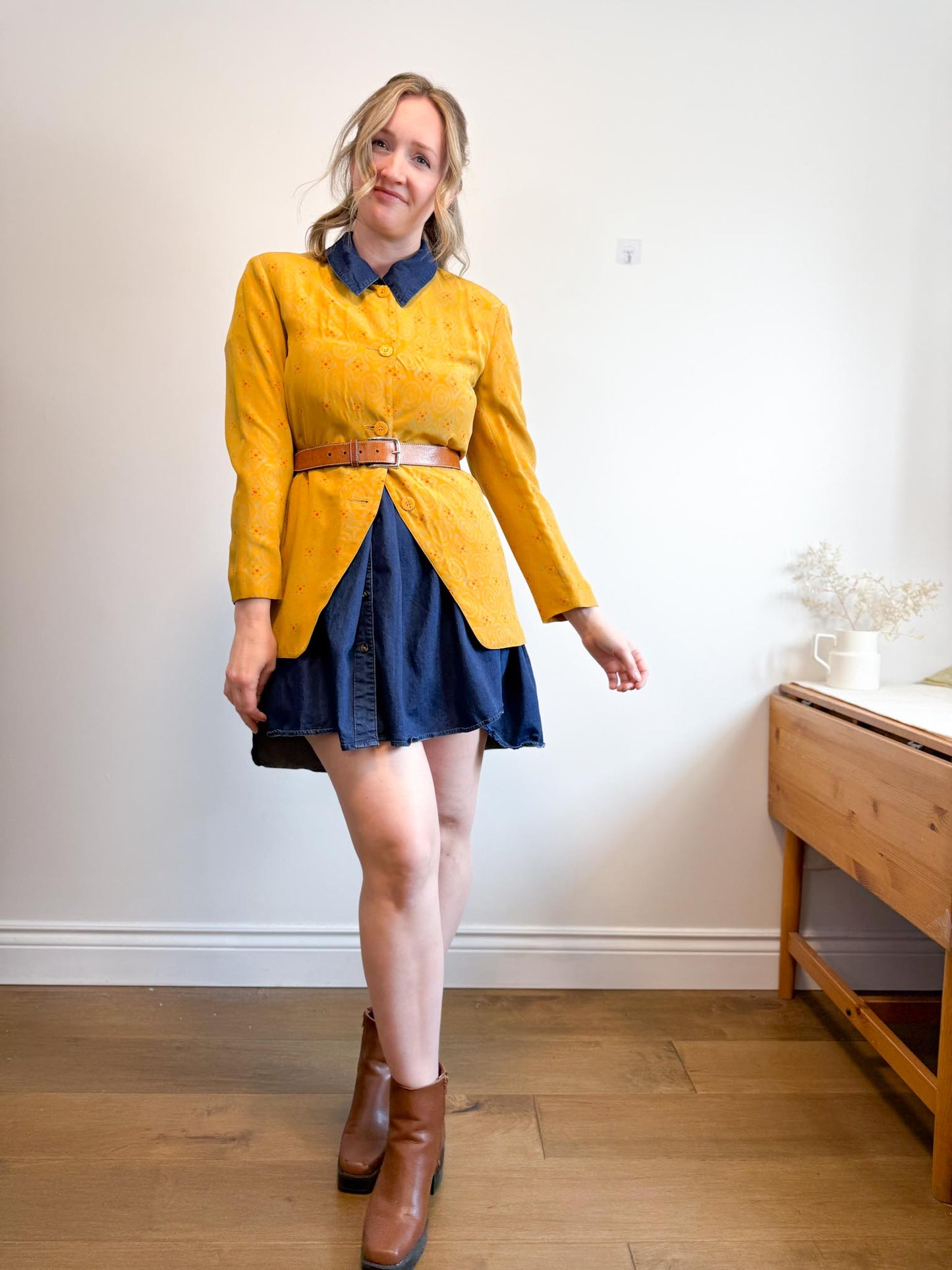 Vintage Silk Blazer in Mustard Print (Size S/M)