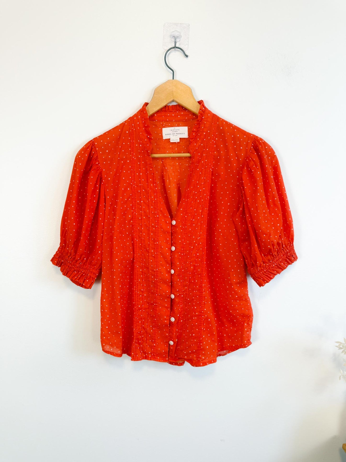 TROVATA Ruffle Blouse in Orange Red Polka Dot (Size XS-M)