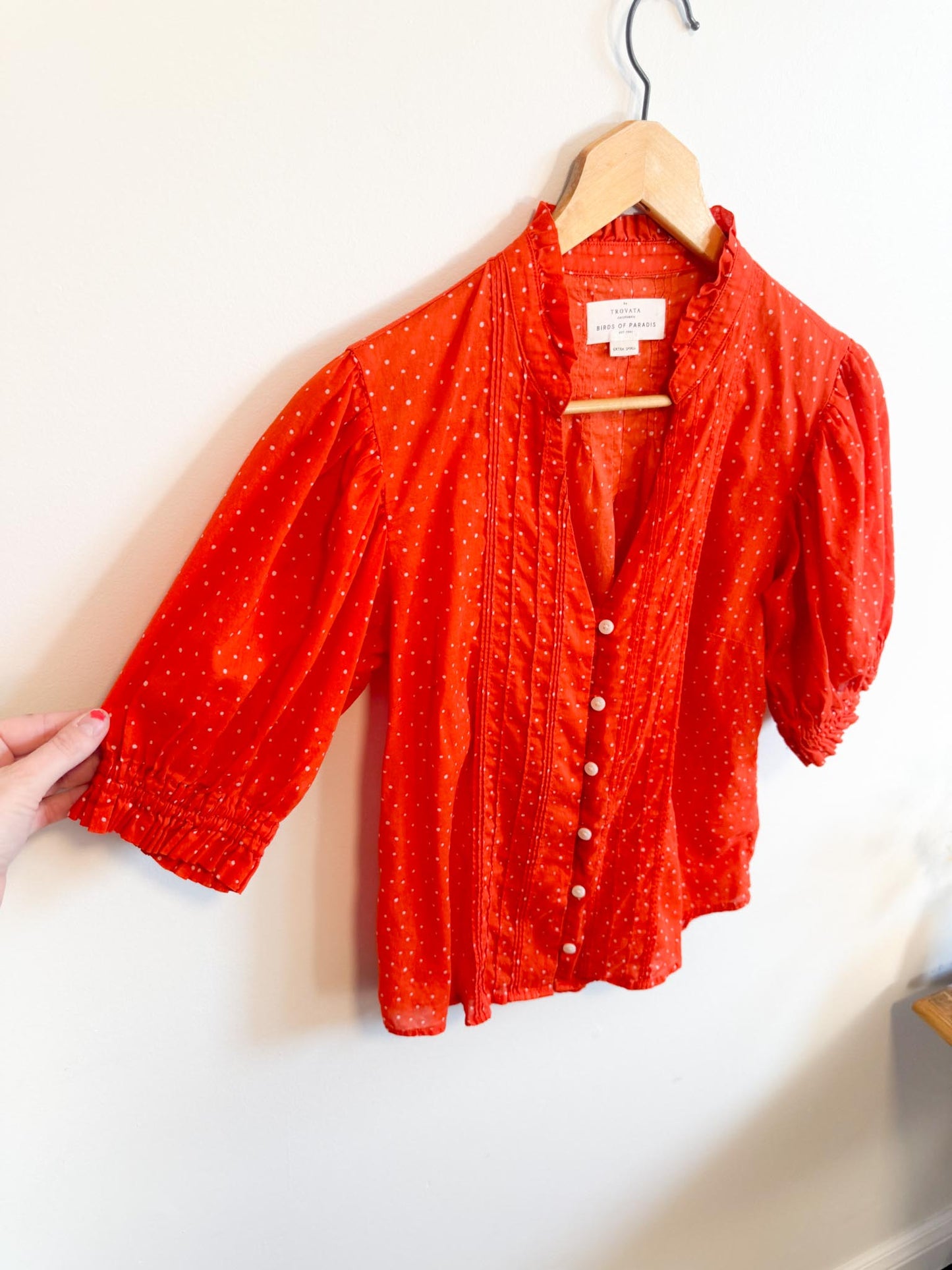 TROVATA Ruffle Blouse in Orange Red Polka Dot (Size XS-M)