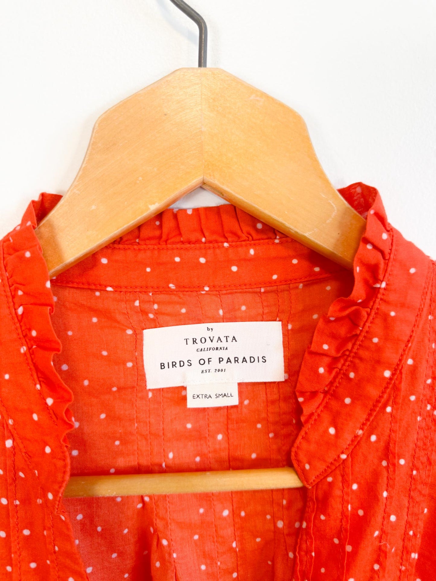 TROVATA Ruffle Blouse in Orange Red Polka Dot (Size XS-M)