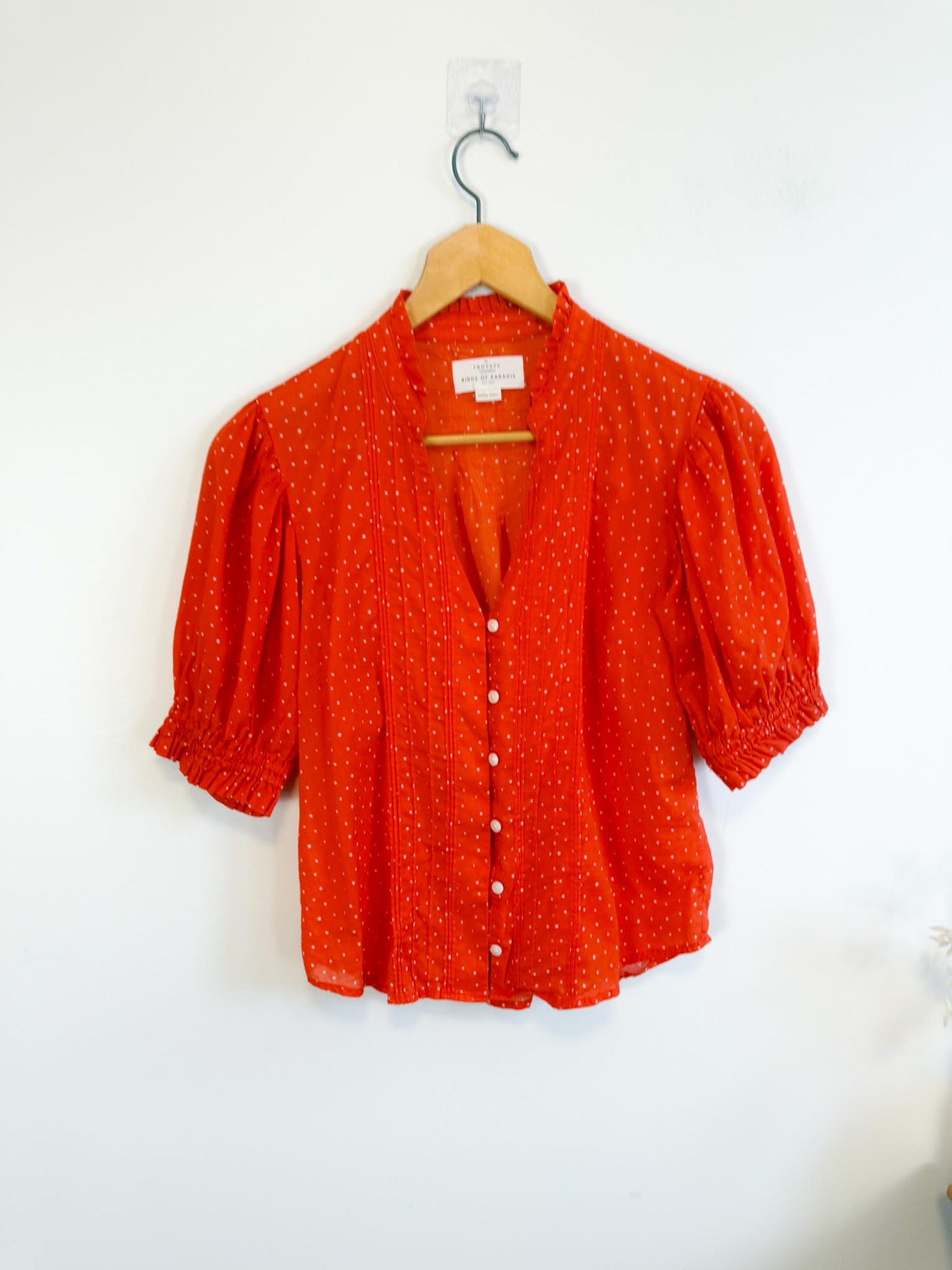 TROVATA Ruffle Blouse in Orange Red Polka Dot (Size XS-M)